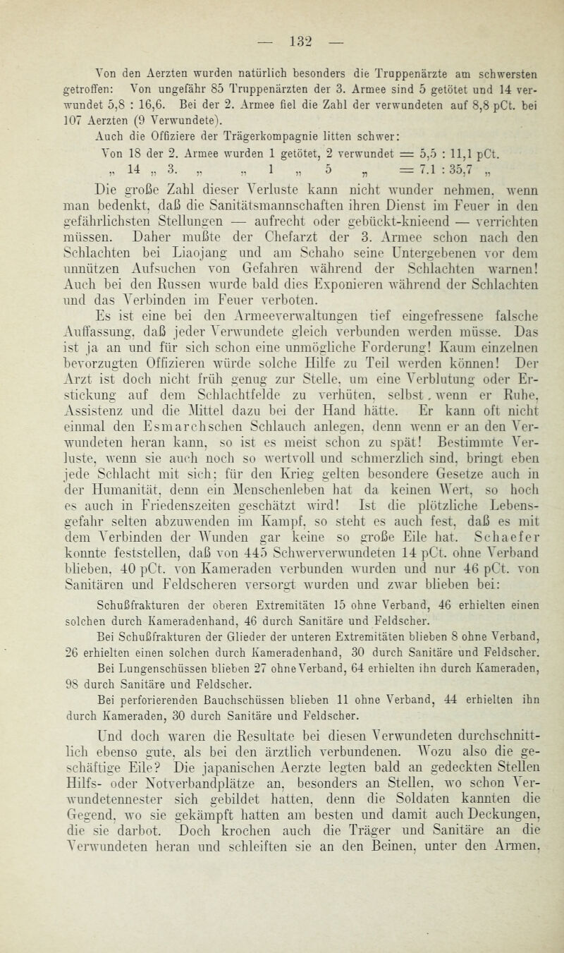 Von den Aerzten wurden natürlich besonders die Truppenärzte am schwersten getroffen: Von ungefähr 85 Truppenärzten der 3. Armee sind 5 getötet und 14 ver- wundet 5,8 : 16,6. Bei der 2. Armee fiel die Zahl der verwundeten auf 8,8 pCt. bei 107 Aerzten (9 Verwundete). Auch die Offiziere der Trägerhompagnie litten schwer: Von 18 der 2. Armee wurden 1 getötet, 2 verwundet = 5,5 : 11,1 pCt. ,, 14 „ 3. ,, ., 1 „ 5 „ = 7.1 : 35,7 „ Die große Zahl dieser Verluste kann nicht wunder nehmen, wenn man bedenkt, daß die Sanitätsmannschaften ihren Dienst im Feuer in den gefährlichsten Stellungen — aufrecht oder gebückt-knieend — verrichten müssen. Daher mußte der Chefarzt der 3. Armee schon nach den Schlachten bei Liaojang und am Schaho seine Untergebenen vor dem unnützen Auf suchen von Gefahren während der Schlachten warnen! Auch bei den Eussen wurde bald dies Exponieren während der Schlachten und das Verbinden im Feuer verboten. Es ist eine bei den Armeeverwaltungen tief eingefressene falsche Auffassung, daß jeder A^erwundete gleich verbunden werden müsse. Das ist ja an und für sich schon eine unmögliche Forderung! Kaum einzelnen bevorzugten Offizieren würde solche Hilfe zu Teil werden können! Der Arzt ist doch nicht früh genug zur Stelle, um eine A^erblutung oder Er- stickung auf dem Schlachtfelde zu verhüten, selbst. wenn er Ruhe, Assistenz und die Alittel dazu bei der Hand hätte. Er kann oft nicht einmal den Esmarchschen Schlauch anlegen. denn Aveim ei- an den AVr- wundeten heran kann, so ist es meist schon zu spät! Bestimmte A^er- luste, wenn sie auch noch so wertvoll und schmerzlich sind, bringt eben jede Schlacht mit sich; für den Krieg gelten besondere Gesetze auch in der Humanität, denn ein Menschenleben hat da keinen AVert, so hoch es auch in Friedenszeiten geschätzt wird! Ist die plötzliche Eebens- gefahr seiten abzuwenden im Kampf, so steht es auch fest, daß es mit dem A'erbinden der AVunden gar keine so gToße Eile hat. Schaefer konnte feststellen, daß von 445 Schwerverwundeten 14 pCt. ohne A’erband blieben, 40 pCt. von Kameraden verbunden wurden und nur 46 pC't. von Sanitären und Eeldscheren versorgt wurden und zwar blieben bei: Schußfrakturen der oberen Extremitäten 15 ohne Verband, 46 erhielten einen solchen durch Kameradenhand, 46 durch Sanitäre und Feldscher. Bei Schußfrakturen der Glieder der unteren Extremitäten blieben 8 ohne Verband, 26 erhielten einen solchen durch Kameradenhand, 30 durch Sanitäre und Feldscher. Bei Lungenschüssen blieben 27 ohne Verband, 64 erhielten ihn durch Kameraden, 98 durch Sanitäre und Feldscher. Bei perforierenden Bauchschüssen blieben 11 ohne Verband, 44 erhielten ihn durch Kameraden, 30 durch Sanitäre und Feldscher. Und doch waren die Resultate bei diesen A'erwundeten durchschnitt- lich ebenso gute, als bei den ärztlich verbundenen. AVozu also die ge- schäftige Eile? Die japanischen Aerzte legten bald an gedeckten Stellen Hilfs- oder Xotverbandplätze an, besonders an Stellen, wo schon A er- Avundetennester sich gebildet hatten, denn die Soldaten kannten die Gegend, avo sie gekämpft hatten am besten und damit auch Deckungen, die sie darbot. Doch krochen auch die Träger und Sanitäre an die AAuwundeten heran und schleiften sie an den Beinen, unter den Armen,
