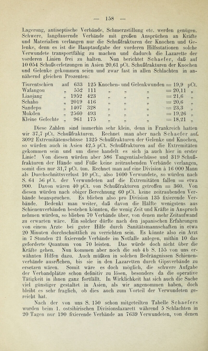 Jjagernng, antiseptische Verbände, Schmerzstiilnng etc. werden genügen. Schwere, langdauernde Verbände mit großen Ansprüchen an Kräfte und Materialien verlangen nur die Schußfrakturen der Knochen und Ge- lenke, denn es ist die Hauptaufgabe der vorderen Hilfsstationen solche Verwundete transportfähig zu machen und dadurch die Lazarette dei* vorderen Linien frei zu halten. Nun berichtet Schaefer, daß auf 10 054 Schußverletzungen in Asien 20,61 pCt. Schußfrakturen der Knochen und Gelenke gekommen seien und zwar fast in allen Schlachten in an- nähernd gleichen Prozenten: Tiurentschien auf 633 125 Knochen- und Gelenkwunden =19,9 W afangou 552 111 77 ■ 77 „ == 20,11 Liaojang 77 1952 423 77 77 „ =21,6 Schalio 77 2019 416 77 77 „ = -20,6 Sandepu 77 1407 328 77 77 „ = 23,3 Mukden 77 2560 493 77 77 „ = 19,26 Kleine Gefechte 77 961 175 77 77 „ = 18,21 Diese Zahlen sind immerhin sehr klein, denn in Frankreich hatten wir 37,7 pCt. Schußfrakturen. Pechnet man aber nach Schaefer auf. 3092 Extremitätenschüsse 1325 Schußfrakturen der Gelenke und Knochen, so würden auch in Asien 42,5 pCt. Schußfrakturen auf die Extremitäten gekommen sein und um diese handelt es sich ja auch hiei’ in erster Linie! Aon diesen würden aber 586 Tangentialschüsse und 319 Schuß- frakturen der Hände und Füße keine zeitraubenden Verbände verlangen, somit dies nur 31,7 pCt. tun. Rechnet man auf eine Division ä 16 000 Mann als Durchschnittsverlust 10 pCt., also 1600 Verwundete, so würden nach S. 64 56 pCt. der Verwundeten auf die Extremitäten fallen = etwa 900. Davon wären 40 pCt. von Schußfrakturen getroffen = 360. Von diesen würden nach obiger Berechnung 60 pCt. keine zeitraubenden Ver- bände beanspruchen. Es blieben also pro Division 135 fixierende Ver- bände. Bedenkt man weiter, daß davon die Hälfte wenigstens aus Schienenverbänden bestehen könnten, die wenig Zeit und Kräfte in Anspruch nehmen würden, so blieben 70 Verbände über, von denen mehr Zeitaufwand zu erwarten wäre. Ein solcher dürfte nach den japanischen Erfahrungen von einem Arzte bei guter Hilfe durch Sanitätsmannschaften in etwa 20 Minuten durchschnittlich zu verrichten sein. Es könnte also ein Arzt in 7 Stunden 21 fixierende Verbände im Notfälle anlegen, mithin 10 das geforderte Quantum von 70 leisten. Das würde doch nicht über die Kräfte gehen. Nun kommen aber noch die sub 4 b S. 155 von uns er- wähnten Hilfen dazu. Auch müßten in solchen Bedrängnissen Schienen- verbände ausr^chen, bis sie in den Lazaretten durch Gipsverbände zu ersetzen wären. Somit wäre es doch möglich, die schwere Aufgabe der Verbandplätze schon definitiv zu lösen, besonders da die operative Tätigkeit in ihnen ganz fortfällt. In Wirklichkeit hat sich auch die Sache viel günstiger gestaltet in Asien, als wir angenommen haben, doch bleibt es sehr fraglich, ob dies auch zum Vorteil der Verwundeten ge- reicht hat. Nach der von uns S. 150 schon mitgeteilten Tabelle Schaefers wurden beim 1. ostsibirischen Divisionslazarett Avährend 5 Schlachten in 20 Tagen nur 190 fixierende Verbände an 7639 Verwundeten, von denen