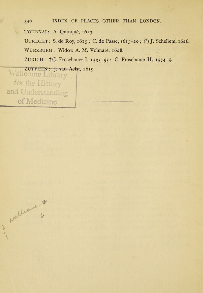 V TOURNAI: A. Quinque, 1623. Utrecht : S. de Roy, 1615 ; C. de Passe, 1615-20; (?) J. Schellem, 1626. WURZBURG: Widow A. M. Volmare, 1628. ZURICH: tC. Froschauer I, 1535-55; Froschauer II, 1574-5. ZUTPHEN : J; 1619. A 4% . .'f . j r r ^ ‘ ■ - V : V.* ^ i. V . and of Medicine