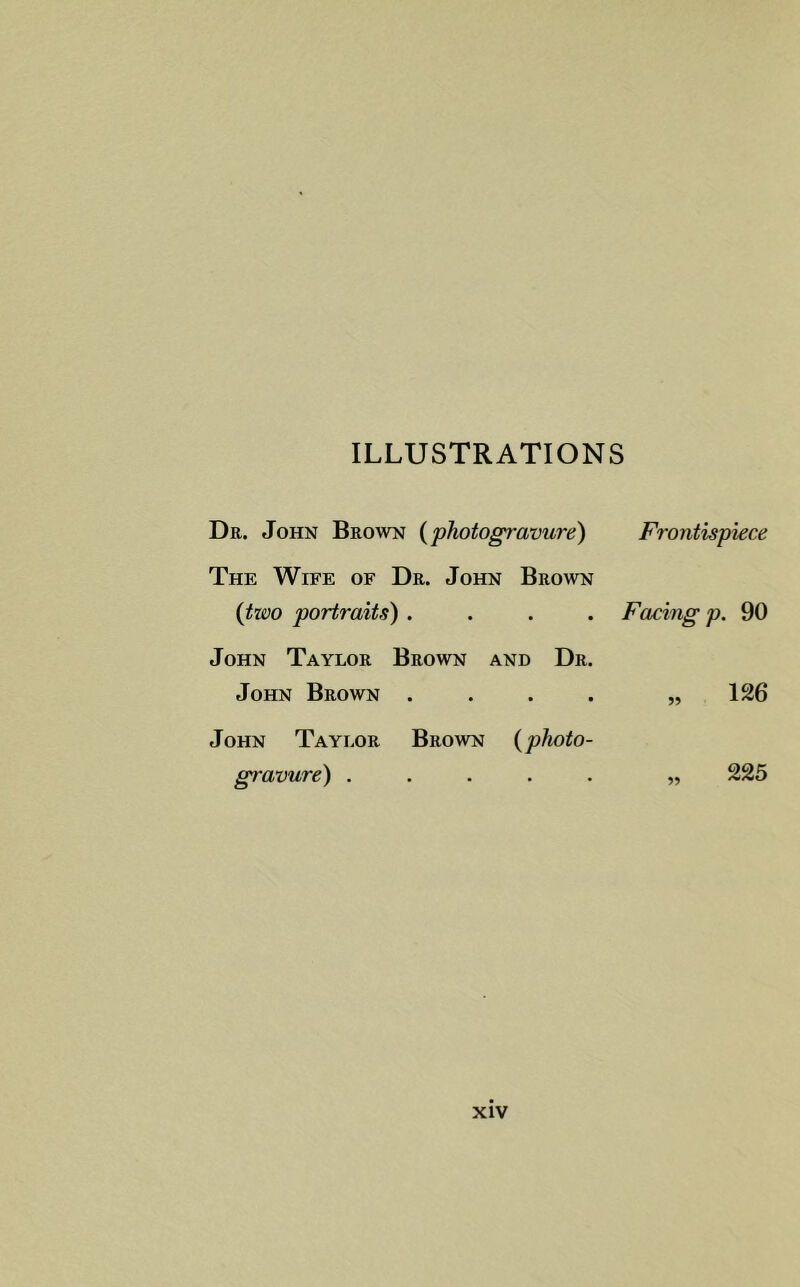 ILLUSTRATIONS Dr. John Brown (photogravure) The Wife of Dr. John Brown (two portraits) . . . . John Taylor Brown and Dr. John Brown . Frontispiece Facing p. 90 „ 126 John Taylor Brown (photo- gravure) . 55 225