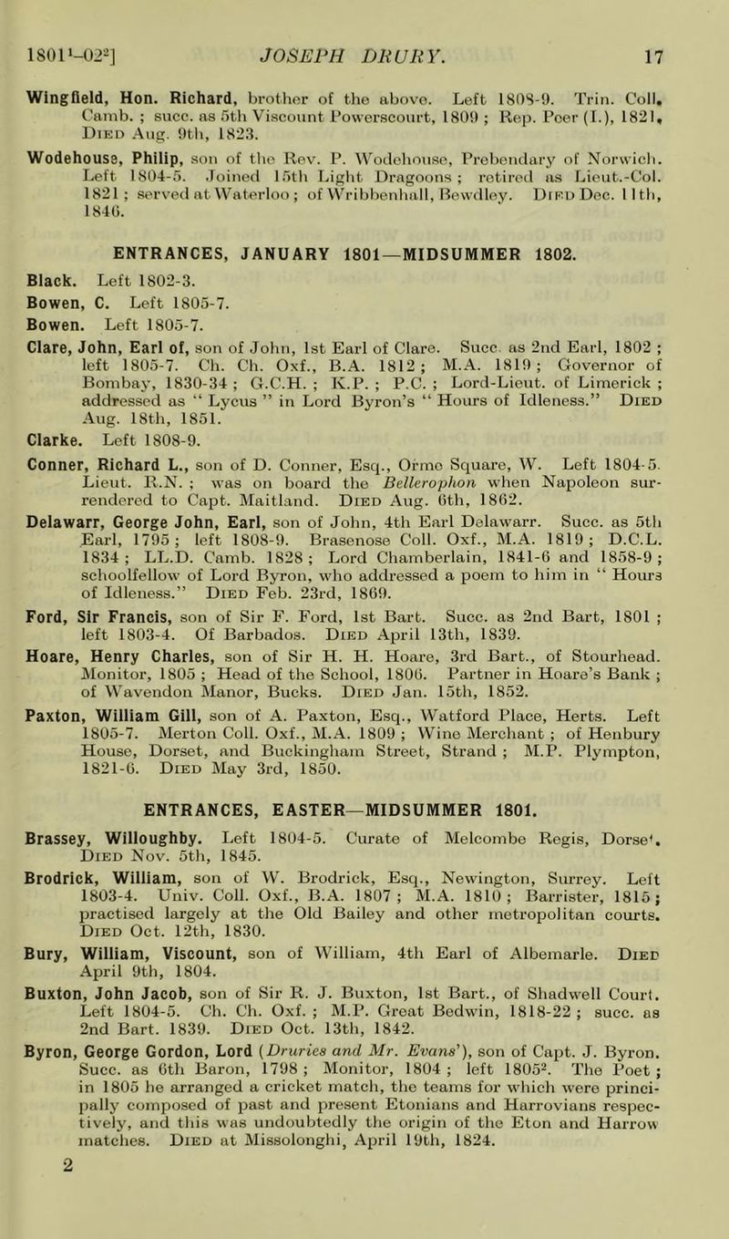 WingOeld, Hon. Richard, brother of the above. Left 180S-9. Trin. Coll. Cainb. ; succ. as 5th Vi.scount Powerscoiirt, 180!); Rep. Peer (I.), 1821, Died Aug. !)th, 182.1. Wodehouse, Philip, .sou of the Rev. P. Wodehouse, Probeudary of Norwich. Left 1804-5. .loined 15th Light Dragoons; retired as Lieut.-Col. 1821; served at Waterloo ; of Wribheuhall, Bewdloy. Died Dec. 11th, 1840. ENTRANCES, JANUARY 1801—MIDSUMMER 1802. Black. Left 1802-3. Bowen, C. Left 1805-7. Bowen. Left 1805-7. Clare, John, Earl of, son of John, 1st Earl of Clare. Succ as 2nd Earl, 1802 ; left 1805-7. Ch. Ch. Oxf., B.A. 1812; M.A. 1819; Governor of Bombay, 1830-34 ; G.C.H. ; K.P. ; P.C. ; Lord-Lieut. of Limerick ; addressed as “ Lyciis ” in Lord Byron’s “ Hours of Idleness.” Died Aug. 18th, 1851. Clarke. Left 1808-9. Conner, Richard L., son of D. Conner, Esq., Ormo Square, W. Left 1804-5. Lieut. R.N. ; was on board the Bellerophon when Napoleon sur- rendered to Capt. Maitland. Died Aug. Gth, 1862. Delawarr, George John, Earl, son of John, 4th Earl Delaware. Succ. as 5th Earl, 1795 ; left 1808-9. Brasenose Coll. Oxf., M.A. 1819; D.C.L. 1834; LL.D. Camb. 1828 ; Lord Chamberlain, 1841-6 and 1858-9; schoolfellow of Lord Byron, who addressed a poem to him in “ Hours of Idleness.” Died Feb. 23rd, 1869. Ford, Sir Francis, son of Sir F. Ford, 1st Bart. Succ. as 2nd Bart, 1801 ; left 1803-4. Of Barbados. Died April 13th, 1839. Hoare, Henry Charles, son of Sir H. H. Hoare, 3rd Bart., of Stourhead. Monitor, 1805 ; Head of the School, 1806. Partner in Hoare’s Bank ; of Wavendoii Manor, Bucks. Died Jan. 15th, 1852. Paxton, William Gill, son of A. Paxton, Esq., Watford Place, Herts. Left 1805-7. Merton Coll. Oxf., M.A. 1809 ; Wine Merchant ; of Henbury House, Dorset, and Buckingham Street, Strand ; M.P. Plympton, 1821-6. Died May 3rd, 1850. ENTRANCES, EASTER—MIDSUMMER 1801. Brassey, Willoughby. Left 1804-5. Curate of Melcombe Regis, Dorse*. Died Nov. 5th, 1845. Brodrick, William, son of W. Brodriek, Esq., Newington, Surrey. Left 1803-4. Univ. Coll. Oxf., B.A. 1807; M.A. 1810; Barrister, 1815; practised largely at the Old Bailey and other metropolitan courts. Died Oct. 12th, 1830. Bury, William, Viscount, son of William, 4th Earl of Albemarle. Died April 9th, 1804. Buxton, John Jacob, son of Sir R. J. Buxton, 1st Bart., of Shadwell Court. Left 1804-5. Ch. Ch. Oxf. ; M.P. Great Bedwdn, 1818-22 ; succ. as 2nd Bart. 1839. Died Oct. 13th, 1842. Byron, George Gordon, Lord (Druries and Mr. Evans'), son of Capt. J. Byron. Succ. as Gth Baron, 1798 ; Monitor, 1804 ; left 1805^. The Poet ; in 1805 he arranged a cricket match, the teams for wdiich were princi- pally composed of past and present Etonians and Harrovians respec- tively, and this was undoubtedly the origin of the Eton and Harrow matches. Died at Missolonghi, April 19th, 1824. 2
