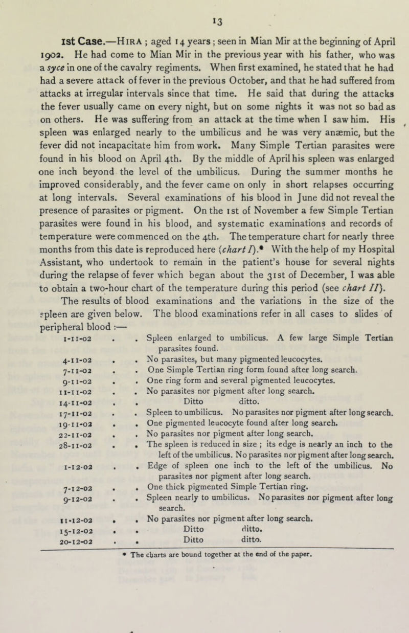 *3 1st Case.—H ir a ; aged 14 years; seen in Mian Mir at the beginning of April 1902. He had come to Mian Mir in the previous year with his father, who was a syce in one of the cavalry regiments. When first examined, he stated that he had had a severe attack of fever in the previous October, and that he had suffered from attacks at irregular intervals since that time. He said that during the attacks the fever usually came on every night, but on some nights it was not so bad as on others. He was suffering from an attack at the time when 1 saw him. His spleen was enlarged nearly to the umbilicus and he was very anaemic, but the fever did not incapacitate him from work. Many Simple Tertian parasites were found in his blood on April 4th. By the middle of April his spleen was enlarged one inch beyond the level of the umbilicus. During the summer months he improved considerably, and the fever came on only in short relapses occurring at long intervals. Several examinations of his blood in June did not reveal the presence of parasites or pigment. On the ist of November a few Simple Tertian parasites were found in his blood, and systematic examinations and records of temperature were commenced on the 4th. The temperature chart for nearly three months from this date is reproduced here {chart I).* With the help of my Hospital Assistant, who undertook to remain in the patient’s house for several nights during the relapse of fever which began about the 31st of December, I was able to obtain a two-hour chart of the temperature during this period (see chart II). The results of blood examinations and the variations In the size of the spleen are given below. peripheral blood :— 1-11-02 4-11-02 7-11-02 9-11-02 • 11-11-02 14- 11>02 . , 17-11-02 19- 11-02 . • 22-11-02 . . 28-11-02 . • 1-12-02 . • 7-12-02 . • 9-12-02 . • 11 >12-02 • • 15- 12-02 • • 20- 12-02 . • The blood examinations refer in all cases to slides of Spleen enlarged to umbilicus. A few large Simple Tertian parasites found. No parasites, but many pigmented leucocytes. One Simple Tertian ring form found after long search. One ring form and several pigmented leucocytes. No parasites nor pigment after long search. Ditto ditto. Spleen to umbilicus. No parasites nor pigment after long search. One pigmented leucocyte found after long search. No parasites nor pigment after long search. The spleen is reduced in size ; its edge is nearly an inch to the left of the umbilicus. No parasites nor pigment after long search. Edge of spleen one inch to the left of the umbilicus. No parasites nor pigment after long search. One thick pigmented Simple Tertian ring. Spleen nearly to umbilicus. No parasites nor pigment after long search. No parasites nor pigment after long search. Ditto ditto. Ditto ditto. * The charts are bound together at the end of the paper.