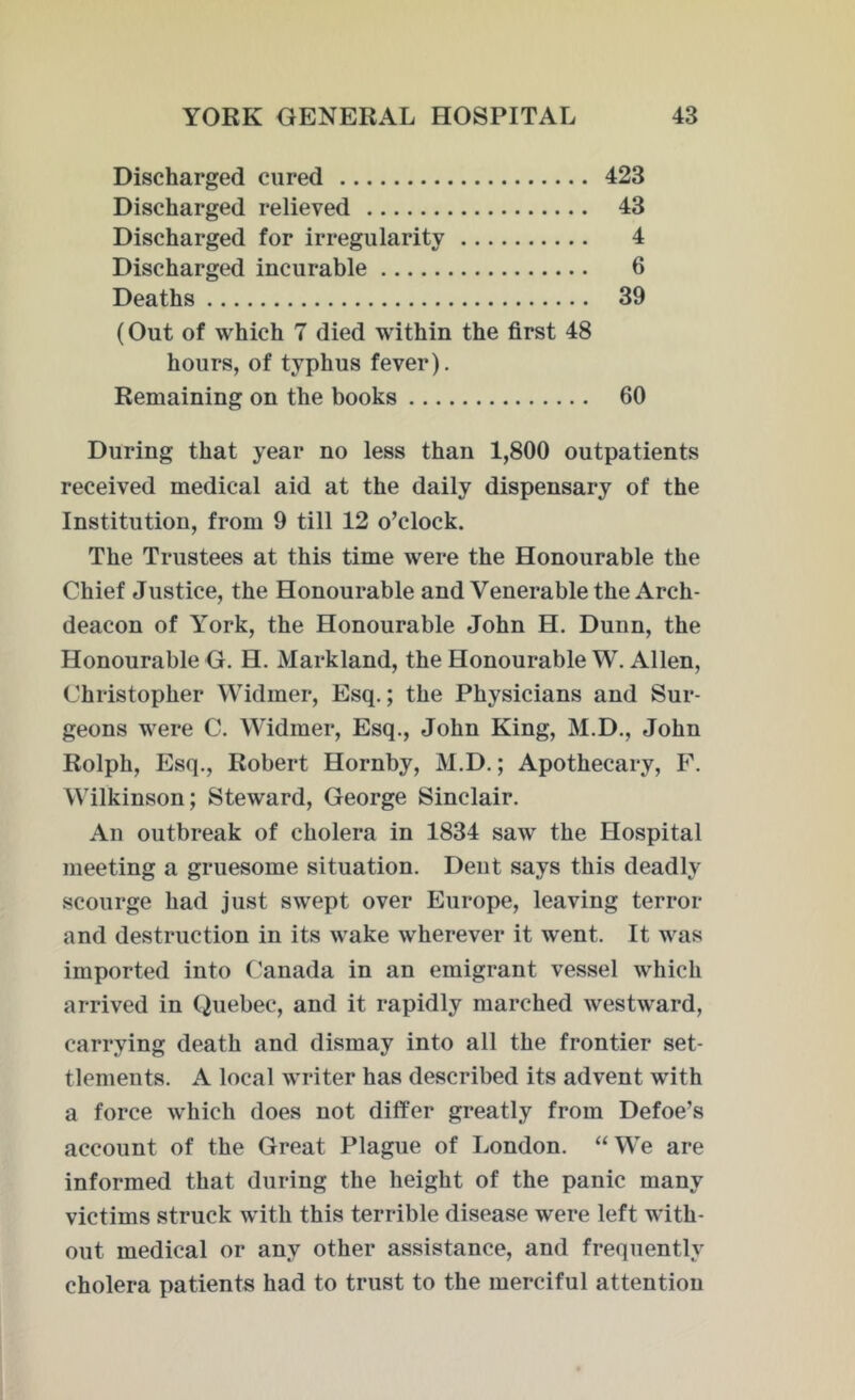 Discharged cured 423 Discharged relieved 43 Discharged for irregularity 4 Discharged incurable 6 Deaths 39 (Out of which 7 died within the first 48 hours, of typhus fever). Remaining on the books 60 During that year no less than 1,800 outpatients received medical aid at the daily dispensary of the Institution, from 9 till 12 o’clock. The Trustees at this time were the Honourable the Chief Justice, the Honourable and Venerable the Arch- deacon of York, the Honourable John H. Dunn, the Honourable G. H. Markland, the Honourable W. Allen, Christopher Widmer, Esq.; the Physicians and Sur- geons were C. Widmer, Esq., John King, M.D., John Rolpli, Esq., Robert Hornby, M.D.; Apothecary, F. Wilkinson; Steward, George Sinclair. An outbreak of cholera in 1834 saw the Hospital meeting a gruesome situation. Dent says this deadly scourge had just swept over Europe, leaving terror and destruction in its wake wherever it went. It was imported into Canada in an emigrant vessel which arrived in Quebec, and it rapidly marched westward, carrying death and dismay into all the frontier set- tlements. A local writer has described its advent with a force which does not differ greatly from Defoe’s account of the Great Plague of London. “We are informed that during the height of the panic many victims struck with this terrible disease were left with- out medical or any other assistance, and frequently cholera patients had to trust to the merciful attention