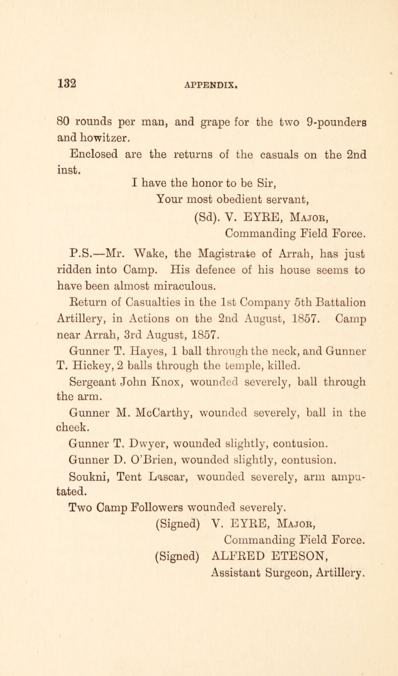80 rounds per man, and grape for the two 9-pounders and howitzer. Enclosed are the returns of the casuals on the 2nd inst. I have the honor to be Sir, Your most obedient servant, (Sd). V. EYRE, Major, Commanding Field Force. P.S.—Mr. Wake, the Magistrate of Arrah, has just ridden into Camp. His defence of his house seems to have been almost miraculous. Return of Casualties in the 1st Company 5th Battalion Artillery, in Actions on the 2nd August, 1857. Camp near Arrah, 3rd August, 1857. Gunner T. Hayes, 1 ball through the neck, and Gunner T. Hickey, 2 balls through the temple, killed. Sergeant John Knox, wounded severely, ball through the arm. Gunner M. McCarthy, wounded severely, ball in the cheek. Gunner T. Dwyer, wounded slightly, contusion. Gunner D. O’Brien, wounded slightly, contusion. Soukni, Tent Lascar, wounded severely, arm ampu- tated. Two Camp Followers wounded severely. (Signed) Y. EYRE, Major, Commanding Field Force. (Signed) ALFRED ETESON, Assistant Surgeon, Artillery.