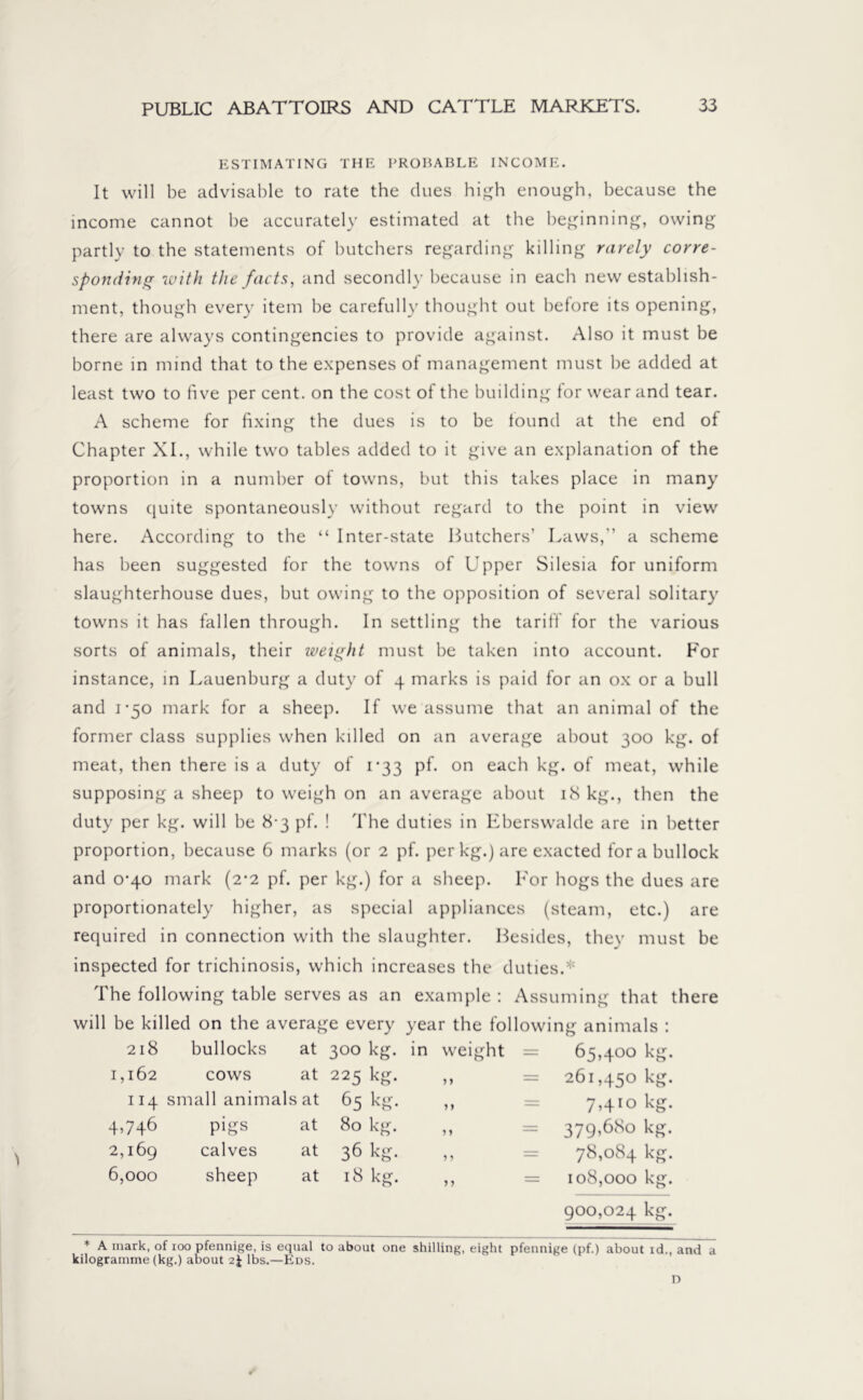 ESTIMATING THE PROBABLE INCOME. It will be advisable to rate the dues high enough, because the income cannot be accurately estimated at the beginning, owing partly to the statements of butchers regarding killing rarely corre- sponding with the facts, and secondly because in each new establish- ment, though every item be carefully thought out before its opening, there are always contingencies to provide against. Also it must be borne in mind that to the expenses of management must be added at least two to five per cent, on the cost of the building for wear and tear. A scheme for fixing the dues is to be found at the end of Chapter XI., while two tables added to it give an explanation of the proportion in a number of towns, but this takes place in many towns quite spontaneously without regard to the point in view here. According to the “ Inter-state Butchers’ Laws,” a scheme has been suggested for the towns of Upper Silesia for uniform slaughterhouse dues, but owing to the opposition of several solitary towns it has fallen through. In settling the tariff for the various sorts of animals, their weight must be taken into account. For instance, in Lauenburg a duty of 4 marks is paid for an ox or a bull and 1*50 mark for a sheep. If we assume that an animal of the former class supplies when killed on an average about 300 kg. of meat, then there is a duty of 1*33 pf. on each kg. of meat, while supposing a sheep to weigh on an average about 18 kg., then the duty per kg. will be 8-3 pf. ! The duties in Eberswalde are in better proportion, because 6 marks (or 2 pf. per kg.) are exacted for a bullock and 0-40 mark (2*2 pf. per kg.) for a sheep. For hogs the dues are proportionately higher, as special appliances (steam, etc.) are required in connection with the slaughter. Besides, they must be inspected for trichinosis, which increases the duties.* The following table serves as an example : Assuming that there will be killed on the average every year the following animals : 218 bullocks at 300 kg. in weight = 65,400 kg. 1,162 cows at 225 kg. ,, = 261,450 kg. 114 small animals at 65 kg. ,, = 7,410 kg. 4,746 pigs at 80 kg. 2,169 calves at 36 kg. 6,000 sheep at 18 kg. 379,680 kg. 78,084 kg. 108,000 kg. 900,024 kg.
