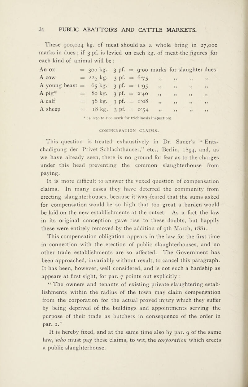 These 900,024 kg. of meat should as a whole bring in 27,000 marks in clues ; if 3 pf. is levied on each kg. of meat the figures for each kind of animal will be : An ox = 300 kg. 3 pf. = g'oo marks for slaughter dues. A cow = 225 kg. 3 pf. = 675 A young beast = 65 kg. 3 pf. = 1-95 A pig* = 80 kg. 3 pf. = 2-40 ,, ,, A calf = 36 kg. 3 pf. = 1-08 A sheep = 18 kg. 3 pf. = 0*54 * (+ 0 50 to i’oo mark for trichinosis inspection). COMPENSATION CLAIMS. This question is treated exhaustively in Dr. Sauer’s “ Ents- chädigung der Privet-Schlachthäuser,” etc., Berlin, 1894, and, as we have already seen, there is no ground for fear as to the charges under this head preventing the common slaughterhouse from paying. It is more difficult to answer the vexed question of compensation claims. In many cases they have deterred the community from erecting slaughterhouses, because it was feared that the sums asked for compensation would be so high that too great a burden would be laid on the new establishments at the outset As a fact the law in its original conception gave rise to these doubts, but happily these were entirely removed by the addition of 9th March, 1881. This compensation obligation appears in the law for the first time in connection with the erection of public slaughterhouses, and no other trade establishments are so affected. The Government has been approached, invariably without result, to cancel this paragraph. It has been, however, well considered, and is not such a hardship as appears at first sight, for par. 7 points out explicitly: “ The owners and tenants of existing private slaughtering estab- lishments within the radius of the town may claim compensation from the corporation for the actual proved injury which they suffer by being deprived of the buildings and appointments serving the purpose of their trade as butchers in consequence of the order in par. 1.” It is hereby fixed, and at the same time also by par. 9 of the same law, who must pay these claims, to wit, the corporation which erects a public slaughterhouse.