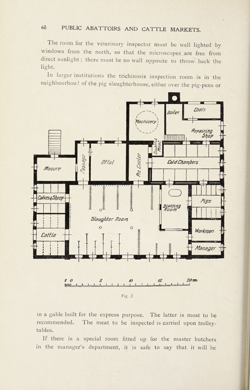 The room for the veterinary inspector must be well lighted by windows fiom the north, so that the microscopes are free from direct sunlight , there must be no wall opposite to throw back the light. In laiger institutions the trichinosis inspection room is in the neighbourhood ot the pig slaughterhouse, either over the pig-pens or 10 5 /O IS 20nv film i l I i i i I l i I l I ' i i 1 1 1 1 1 Fig. 2. in a gable built for the express purpose. The latter is most to be recommended. The meat to be inspected is carried upon trolley- tables. If there is a special room fitted up for the master butchers in the manager’s department, it is safe to say that it will be
