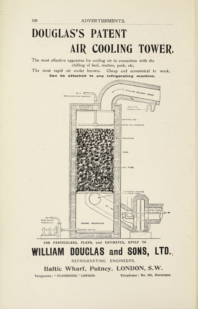 DOUGLAS’S PATENT AIR COOLING TOWER. The most effective apparatus for cooling air in connection with the chilling of beef, mutton, pork, etc. The most rapid air cooler known. Cheap and economical to work. Can be attached to any refrigerating’ machine. oaot\ \ TJ\UK ►'n TRtlM T KH T U C.C0UKC TO%tfA Bltihc OEUVfRY tron tvapcratcr FOR PARTICULARS, PLANS, and ESTIMATES, APPLY TO WILLIAM DOUGLAS and SONS, LTD., REFRIGERATING ENGINEERS, Baltic Wharf, Putney, LONDON, S.W.