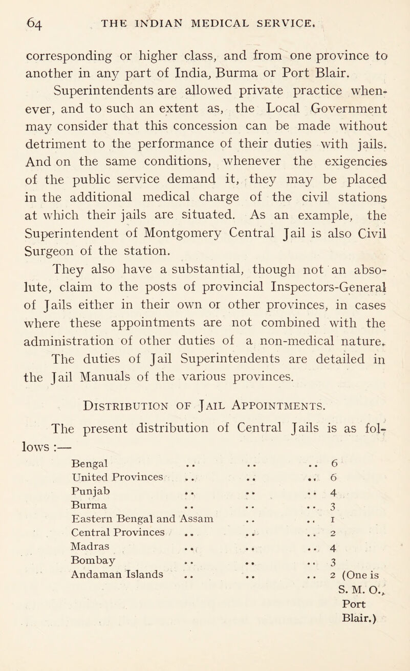 corresponding or higher class, and from one province to another in any part of India, Burma or Port Blair. Superintendents are allowed private practice when- ever, and to such an extent as, the Local Government may consider that this concession can be made without detriment to the performance of their duties with jails. And on the same conditions, whenever the exigencies of the public service demand it, they may be placed in the additional medical charge of the civil stations at which their jails are situated. As an example, the Superintendent of Montgomer}^ Central Jail is also Civil Surgeon of the station. They also have a substantial, though not an abso- lute, claim to the posts of provincial Inspectors-General of Jails either in their own or other provinces, in cases where these appointments are not combined with the administration of other duties of a non-medical nature. The duties of Jail Superintendents are detailed in the Jail Manuals of the various provinces. Distribution of Jail Appointments. The present distribution of Central Jails is as fol- Bengal .. 6 United Provinces •. 6 Punjab .. 4 Burma •• 3 Eastern Bengal and Assam .. I Central Provinces . . 2 Madras ., ^ .. 4 Bombay .. 3 Andaman Islands .. 2 (One is S. M. O Port Blair.)