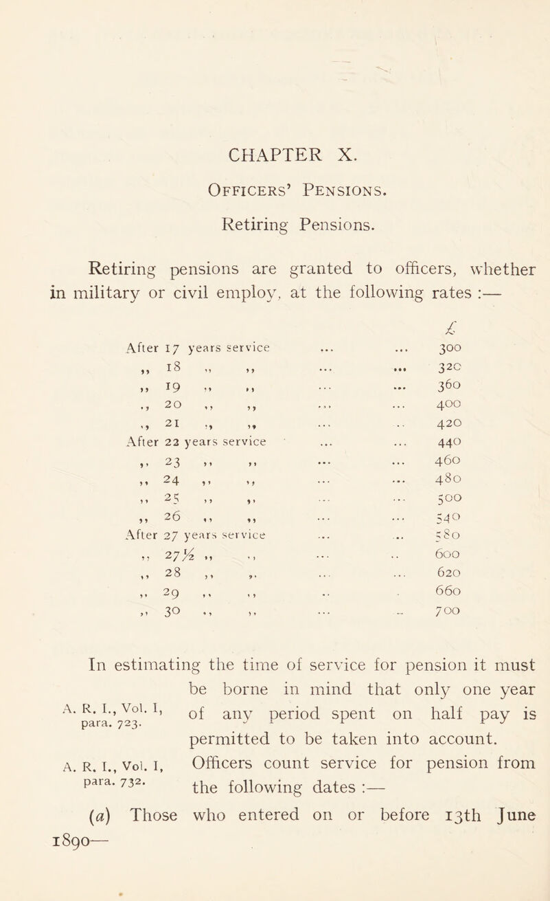 CHAPTER X. Officers’ Pensions. Retiring Pensions. Retiring pensions are in military or civil employ, After 17 years service ) j 18 ,, ); > > 19 »» • > , y 2 0 , , f y ' » !» After 22 years service i ’ 23 >1 »> )« 24 1 > t j ? t ? )» ♦ t )y 26 «) y, After 27 years service 11 27»» ') ,, 28 ,, ,, 5 1 2 Q , , , , > 1 3^ '1 >1 granted to officers, whether at the following rates :— 300 32c 360 400 420 440 460 480 500 540 580 600 620 660 700 In estimating the time of service for pension it must be borne in mind that only one year of any period spent on half pay is permitted to be taken into account. Officers count service for pension from the following dates :— (a) Those who entered on or before 13th June A. R. I., Vol. 1, para. 723. A. R. I., Vol. I, para. 732. 1890-