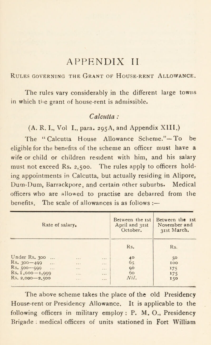 Rules governing the Grant of House-rent Allowance. The rules vary considerably in the different large towns in which tl>e grant of house-rent is admissible. Calcutta: (A. R. I., Vol I., para. 295A, and Appendix XIII.) The “Calcutta House Allowance Scheme.”—To be eligible for the benefits of the scheme an officer must have a wife or child or children resident with him, and his salary must not exceed Rs. 2,500. The rules apply to officers hold- ing appointments in Calcutta, but actually residing in Alipore, Dum-Dum, Barrackpore, and certain other suburbs. Medical officers who are allowed to practise are debarred from the benefits. The scale of allowances is as follows :— Rate of salary. Between the ist April and 31st October. Between the ist November and 31st March, Rs. Rs. Under Rs. 300 ... 40 50 Rs. 300—499 6S too Rs. 500—999 90 175 Rs. i,coo—1,999 60 175 Rs. 2,000—2,500 Nil. 150 The above scheme takes the place of the old Presidency House-rent or Presidency Allowance. It is applicable to the following officers in military employ : P. M. O., Presidency Brigade : medical officers of units stationed in Fort William