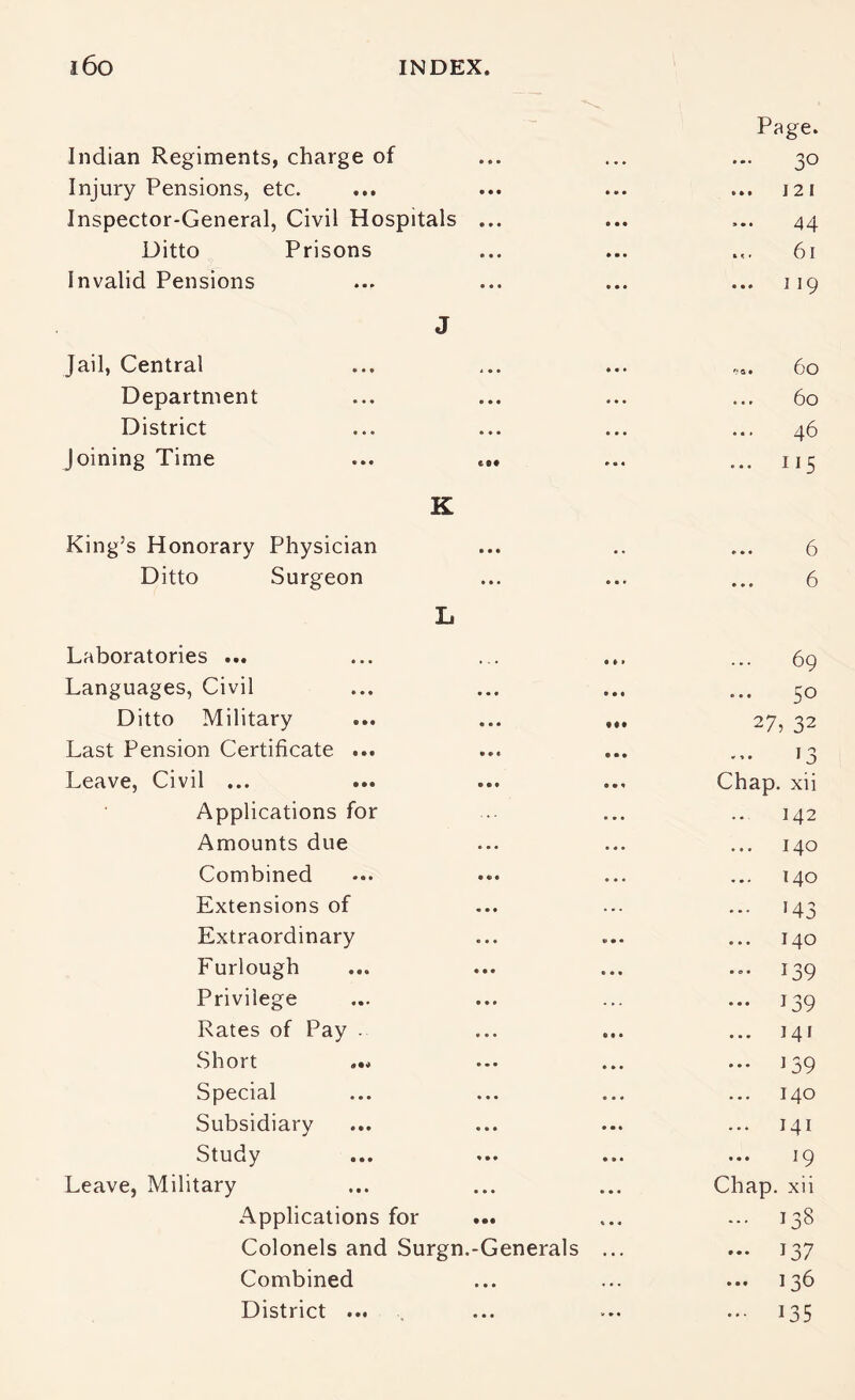 Indian Regiments, charge of Injury Pensions, etc. Inspector-General, Civil Hospitals ... Ditto Prisons Invalid Pensions J Jail, Central Department District Joining Time ... .e* K King’s Honorary Physician Ditto Surgeon L Laboratories ... Languages, Civil Ditto Military Last Pension Certificate ... Leave, Civil ... Applications for Amounts due Combined Extensions of Extraordinary Furlough Privilege Rates of Pay . Short ... Special Subsidiary Study Leave, Military Applications for Colonels and Surgn.-Generals Combined District ... Page. ... 30 • * • J 2 1 44 ... 61 ... 119 60 60 46 115 6 6 69 50 27, 32 13 Chap, xii 142 140 140 ... 143 140 ... 139 ... J39 141 ... J39 ... 140 141 • • • IQ Chap, xii ... 138 — 137 ... 136 ••• 135