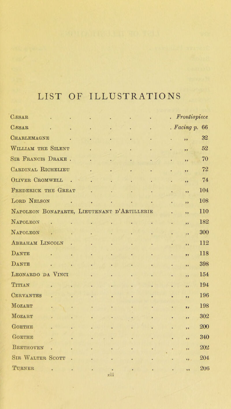 LIST OF ILLUSTRATIONS C^ESAB • • . Frontispiece C-BSAR • • . Facing p. 66 Charlemagne • 99 32 William the Silent • 99 52 Sir Francis Drake . • 99 70 Cardinal Richelieu • 99 72 Oliver Cromwell . • 99 74 Frederick the Great • 99 104 Lord Nelson • 99 108 Napoleon Bonaparte, Lieutenant d’Artillerie • 99 110 Napoleon • 9 9 182 Napoleon • >9 300 Abraham Lincoln . • 99 112 Dante • 99 118 Dante • 99 398 Leonardo da Vinci • 99 154 Titian • 99 194 Cervantes • 99 196 Mozart • 99 198 Mozart • 99 302 Goethe • 99 200 Goethe • 99 340 Beethoven . • 99 202 Sir Walter Scott . • 99 204 Turner . • »« 206