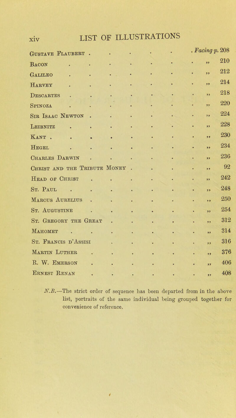 Gustave Flaubert . • • • . Facing p. 208 910 Bacon • 11 212 Gallle o ■ * • 99 Harvey • 99 214 Descartes • 99 218 Spinoza • 99 220 Sir Isaac Newton . • 99 224 Leibnitz • 99 228 Kant . • • 99 230 Hegel • 99 234 Charles Darwin • 99 23G Christ and the Tribute Money • 99 92 Head of Christ • 99 242 St. Paul • 99 248 Marcus Aurelius • 9 9 250 St. Augustine • 99 254 St. Gregory the Great • 99 312 Mahomet • 99 314 St. Francis d’Assisi • 99 316 Martin Luther • 99 376 R. W. Emerson • 99 406 Ernest Renan # • 99 408 N.B.—The strict order of sequence has been departed from in the above list, portraits of the same individual being grouped together for convenience of reference.
