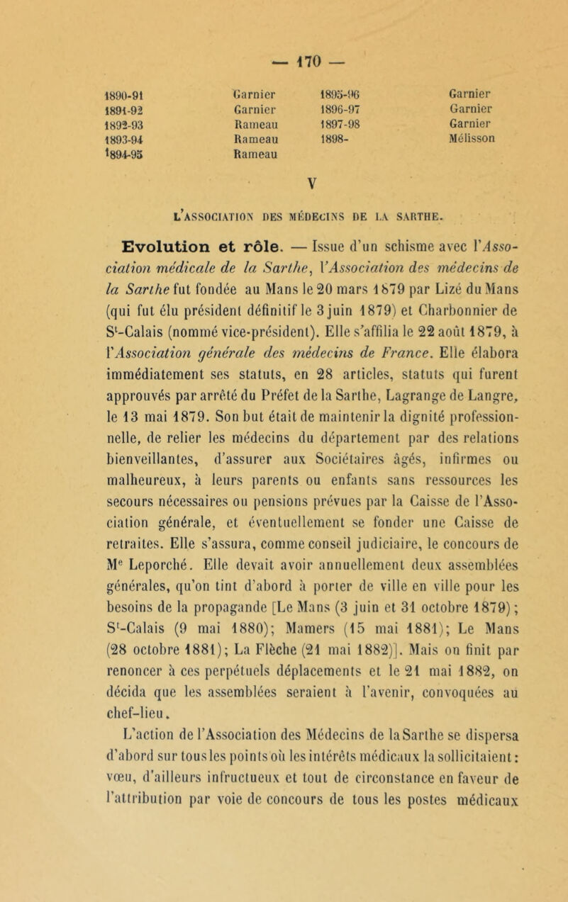 1890-91 Garnier 1895-96 Garnier 1891-92 Garnier 1896-97 Garnier 1892-93 Hameau 1897-98 Garnier 1893-94 Hameau 1898- Mélisson 1894-95 Rameau V l’association DES MÉDECINS DE IA SARTHE. Evolution et rôle. — Issue d’un schisme avec l’.dsso- ciation médicale de la Sarlhe, Y Association des médecins de la Sarihe fut fondée au Mans le 20 mars \ 879 par Lizé du Mans (qui fut élu président définitif le 3 juin 1879) et Charbonnier de Sl-Calais (nommé vice-président). Elle s’affilia le 22 août 1879, à Y Association générale des médecins de France. Elle élabora immédiatement ses statuts, en 28 articles, statuts qui furent approuvés par arrêté du Préfet de la Sartlie, Lagrange de Langre, le 13 mai 1879. Son but était de maintenir la dignité profession- nelle, de relier les médecins du département par des relations bienveillantes, d’assurer aux Sociétaires âgés, infirmes ou malheureux, à leurs parents ou enfants sans ressources les secours nécessaires ou pensions prévues par la Caisse de l’Asso- ciation générale, et éventuellement se fonder une Caisse de retraites. Elle s’assura, comme conseil judiciaire, le concours de Me Leporché. Elle devait avoir annuellement deux assemblées générales, qu’on tint d'abord à porter de ville en ville pour les besoins de la propagande [Le Mans (3 juin et 31 octobre 1879) ; Sl-Calais (9 mai 1880); Mamers (15 mai 1881); Le Mans (28 octobre 1881); La Flèche (21 mai 1882)]. Mais on finit par renoncer à ces perpétuels déplacements et le 21 mai 1882, on décida que les assemblées seraient à l’avenir, convoquées au chef-lieu. L’action de l’Association des Médecins de la Sartlie se dispersa d’abord sur tous les points où les intérêts médicaux la sollicitaient: vœu, d’ailleurs infructueux et tout de circonstance en faveur de l’attribution par voie de concours de tous les postes médicaux