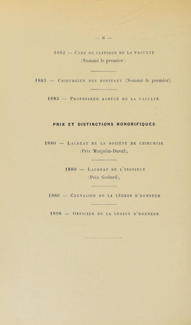 1882 — Chef de clinique de la faculté (Nommé le premier). 1883 — Chirurgien des hôpitaux (Nommé le premier). 1883 — Professeur agrégé de la faculté. PRIX ET DISTINCTIONS HONORIFIQUES 1880 — Lauréat de la société de chirurgie (Prix Marjolin-Duval). 1880 — Lauréat de l’institut (Prix Godard). 1880 — Chevalier de la légion d’honneur 1808 Officier de la légion d’honneur