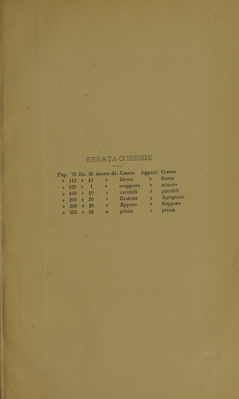 errata-corrige Pag. 76 lin. 30 invece di : Cesare leggasi » 113 » 10 » forens » » 129 » 1 » maggiore » » 163 » 19 » carotidi »* » 250 » 26 » Crotone » » 260 » 20 » Eppure » » 353 » 28 » prima » Cerere fluens minore parotidi Agrigento Neppure primo
