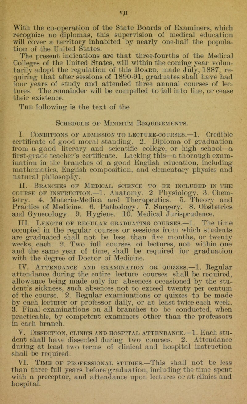 With the co-operation of the State Boards of Examiners, which recognize no diplomas, this supervision of medical education will cover a territory inhabited by nearly one-half the popula- tion of the United States. The present indications are that three-fourths of the Medical Colleges of the United States, will within the coming year volun- tarily adopt the regulation of this Board, made July, 1887, re- quiring that after sessions of 1890-91, graduates shall have had four years of study and attended three annual courses of lec- tures. The remainder will be compelled to fall into line, or cease their existence. The following is the text of the Schedule of Minimum Requirements. I. Conditions of admission to lecture-courses.—1. Credible certificate of good moral standing. 2. Diploma of graduation from a good literary and scientific college, or high school—a first-grade teacher’s certificate. Lacking this—a thorough exam- ination in the branches of a good English education, including rnatliematics, English composition, and elementary physics aud natural philosophy. II. Branches of Medical science to be included in the course of instruction.—1. Anatomy. 2. Physiology. 3. Chem- istry. 4. Materia-Medica and Therapeutics. 5. llieory and Practice of Medicine. 6. Pathology. 7. Surgery. 8. Obstetrics and Gynecology. 9. Hygiene. 10. Medical Jurisprudence. III. Length of regular graduating courses.—1. The time occupied in the regular courses or sessions from which students are graduated shall not be less than five months, or twenty weeks, each. 2. Two full courses of lectures, uot within one and the same year of time, shall be required for graduation with the degree of Doctor of Medicine. IV. Attendance and examination or quizzes.—1. Regular attendance during the entire lecture courses shall be required, allowance being made only for absences occasioned by the stu- dent’s sickness, such absences not to exceed twenty per centum of the course. 2. Regular examinations or quizzes to be made by each lecturer or professor daily, or at least twice each week. 3. Final examinations on all branches to be conducted, when practicable, by competent examiners other than the professors in each branch. V. Dissection, clinics and hospital attendance.—1. Each stu- dent shall have dissected during two courses. 2. xVttendance during at least two terms of clinical and hospital instruction shall be required. VI. Time of professional studies.—This shall not be less than three full years before graduation, including the time spent with a preceptor, aud attendance upon lectures or at clinics and hospital.