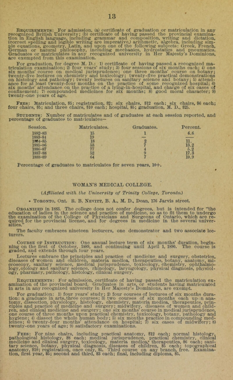 Requikements: For admission, (a) certifloate of graduation or matriculation in any recognized British University: (b) certificate of having passed the provincial examina- tion in English language, including grammar and composition, writing and dictation, (correct spelling and legible writing ai'e imperative,) aritnmetic, algebra, including sim- ple equations, geometry, Latin, and upon one of the following subjects: Greek, French, German or natural pnilosophy, including mechanics, hydrostatics and pneumatics. Graduates or matriculates in any recognized university in Her Majesty’s dominions, are exempted from this examination. For graduation, for degree M. D.: 1) certificate of having passed a recognized ma- triculation examination; 2) four vears’ study; 3) four sessions of .six months each; 4) one six months' course on medical jurisprudence; one three months’ course on botany; twenty-five lectures on chemistry and toxicology: twenty-five practical demonstrations on histology and pathology: twenty lectures on sanitary science and botany: 5) attend- ance for at least twenty-four months on the practice of some recognized hospital; 6) six mouths’ attendance on the practice of a lying-in-hospital, and charge of six cases of confinement; 7) compounded medicines for six months; 8) good moral character; 9) twenty-one years of ago. Fees: Matriculation, 55; registration, ?2: six chairs, S12 each: six chairs, 86 each; four chairs, 85; and thi-ee chairs, $10 each; hospital, 85; graduation, M. D., $25. Students: Number of matriculates and of graduates at each session reported, and percentage of graduates to mati iculates— Session. Matriculates. Graduates. Percent. 1882-83 15 1 6.6 1883-84 19 — — 1884-85 18 2 11. 1885-86 53 > 7 13.2 188tr^ 77 4 6.2 1887-88 52 9 17.3 1888-89 64 7 10.9 Percentage of graduates to matriculates for seven years, 10-+-. WOMAN’S MEDICAL COLLEGE. (Affiliated with the University of Trinity College, Toronto.) • Tobonto, Ont. R. B. Nevitt, B. A., M. D., Dean, 176 Jarvis street. Obganized in 1883. The college does not confer degrees, but is intended for “the education of ladies in the science and practice of medicine, so as to fit them to undergo the examination of the College of Physicians and Surgeons of Ontario, which are re- quired for the provincial license, and for degrees in medicine in the several univer- sities.” The faculty embraces nineteen lecturers, one demonstrator and two associate lec- turers. CouBSE OF Instkuction: One annual lecture term of six months’ duration, begin- ning on the first of October, 1889, and continuing until April 1, 1890. The course is graded, and extends through four years. • Lectimes embrace the principles and practice of medicine and surgery, obstetrics, diseases of w'omen and children, materia medica, therapeutics, botany, anatomy, mi- croscopy, sanitary science, medical jurisprudence, toxicology, chemistry, ophthalmo- logy, otology and sanitary science, rhinology, laryngology, physical diagnosis, physiol- ogy, pharmacy, pathology, histology, clinical surgery. Requibements: For admission, certificate of having passed the matriculation ex- amination of the provincial board. Graduates in arts, or students having matriculated in arts in any recognized university in Her Majosty’.s Dominions, are exempt. For graduation: 1) four years’ study; 2) four courses of lectures of six months dura- tion: a graduate in arts, throe courses; 3) two courses of six months each up m ana- tomy, dissection, physiology, histology, chemistry, mab'ria medica, therapeutics, prin- ciples and practice of medicine and surgery; midwifery, diseases of women and child- ren, and clinical medicine and surgery; one six months’course in medical jurisprudence, one course of three months upon practical chemistry, toxicology, botany, pathology and hygiene; 4) dissect the whole human body; 5) six months practice in compounding med- icines; 6) twenty-four month.s’ attendance on hospital; 7) six cases of midwifery; 8) twenty-one years of age; 9) satisfactory examinations. Fees: For nine chairs, including practical anatomy, $12 each; normal histology, pathological histology, $8 each; medical jurisprudence, practical chemistry, clinical medicine and clinical surgery, toxicology, materia medica,* therapeutics, $6 each; sani- tary science, botany, physical diiignosis, diseases of children, $6 each: topi^raphical anatomy, $10; registration, once only, 86. Third course on any branch, free. Examina- tion, first year, 85; second and third, 83 each; final, including diploma, 85.