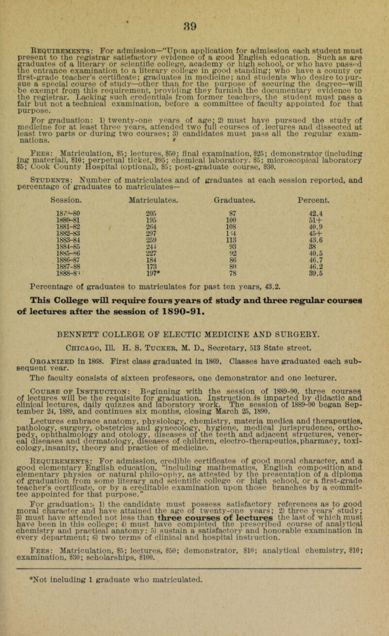 Requirements: For admission—“Unon application for admission each student must present to the registrar satisfactory evidence of a good English education. Such as are graduates of a literary or scientific college, academy or high school, or who have pass'-d the entrjince examination to a literary college in pood standing: who have a county or first-grade teacher’s certificate; graduates in medicine; and students who desire to pur- sue a special course of study—other than for the purpose of securing the depree—will be exempt from this roauirement, providing they furnish the documentary evidence to the registrar. Lacking such credentials from former teachers, the student must pass a fair but not a technical examination, before a committee of faculty appointed for that pmpose. For graduation: 1) twenty-one years of age: 2) must have pursued the study of medicine for at least three years, attended two full courses of. lectures and dissected at least two parts or during two courses; 3) candidates must pass all the regular exam- nations. * Fees: Matriculation, 85; lectures, 850; final examination, 825; demonstrator (including Ing material), 810; perpetual ticket, 895; chemical laboi’atory. 85; microscopical laboratory 85; Cook County Hospital (optional), 85; post-graduate course, 830. Students: Number of matriculates and of graduates at each session reported, and percentage of graduates to matriculates— Session. Matriculates. Graduates. Percent. 18/‘>-80 2a5 87 42.4 1880-«1 195 100 51-H 1881-82 2tt4 108 40.9 1882-83 297 H4 45+ 1883-84 259 113 43.6 1884-85 24 J 93 38 1885-86 227 92 40.5 1886-87 184 86 46.7 1887-88 173 8*» 46.2 1888-8* 197* 78 39.5 Percentage of graduates to matriculates for past ten years, 43.2. This College will require fours years of study and three regular courses of lectures after the session of 1890-91. BENNETT COLLEGE OF ELECTIC MEDICINE AND SURGERY. Chicago, 111. H. S. Tucker, M. D., Secretary, 513 State street. Organized in 1868. First class graduated in 1869. Classes have graduated each sub- sequent vear. The faculty consists of sixteen professors, one demonstrator and one lecturer. Course of Instruction: B('ginning with the session of 1889-90, three courses of lectures will be the requisite for graduation. Instruction is imparted by didactic and clinical lectures, daily quizzes and laboratory work. The session of 1889-90 began Sep- tember 24, 1889, and continues six months, closing March 25, 1890. Lectures embrace anatomy, physiology, chemistry, materia medica and therapeutics, pathology, surgery, obstetrics and gynecology, hygiene, medical jurisprudence, ortho- pedy. ophthalmology and otology, diseases of the teeth and adjacent structures, vener- eal diseases and dermatology, diseases of children, electro-therapeutics,pharmacy, toxi- cology, insanity, theory and practice of medicine. Requirements: For admission, credible certificates of good moral character, and a good elementary English education, including mathematics, English composition and elementary physics or natural philosophy, as attested by the presentation of a diploma of graduation from some literary and scientific college or high school, or a first-grade teacher’s certificate, or by a creditable examination upon those branches by a commit- tee appointed for that purpose.” For graduation:. 1) the candidate must possess satisfactory references as to good moral character and have attained the age or twenty-one years; 2) three years’ study; 8) must have attended not less than three courses of lecture the last of which must have been in this college; 4) mu.st have completed the prescriltcd course of analytical chemistry and practical anatomy: 5) sustain a satisfactory and honorable examination in every department; 6) two terms of clinical and hospital instruction. Fees: Matriculation, 85; lectures, 850; demonstrator, 810; analytical chemistry, 810; examination. 830; scholarships. 8100.