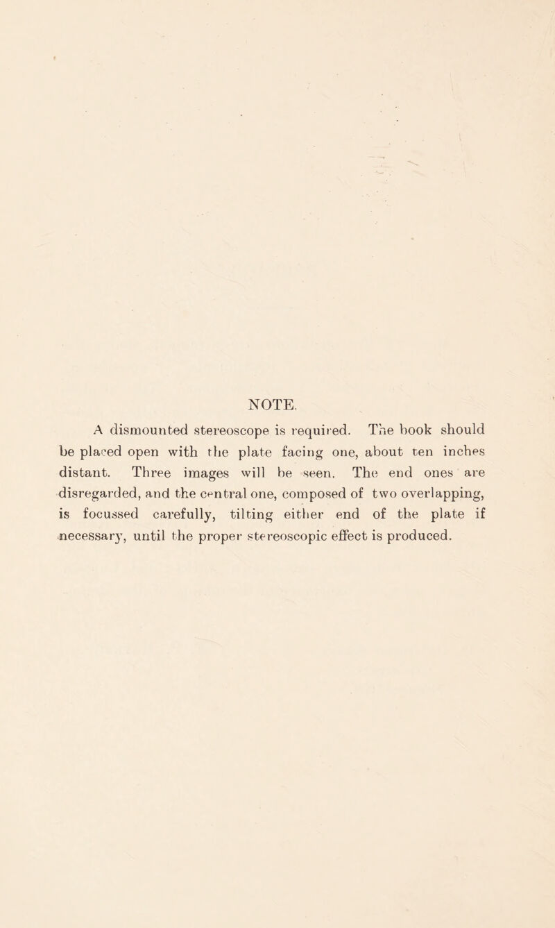 NOTE. A dismounted stereoscope is required. The book should be placed open with the plate facing one, about ten inches distant. Three images will be seen. The end ones are disregarded, and the central one, composed of two overlapping, is focussed carefully, tilting either end of the plate if necessary, until the proper stereoscopic effect is produced.