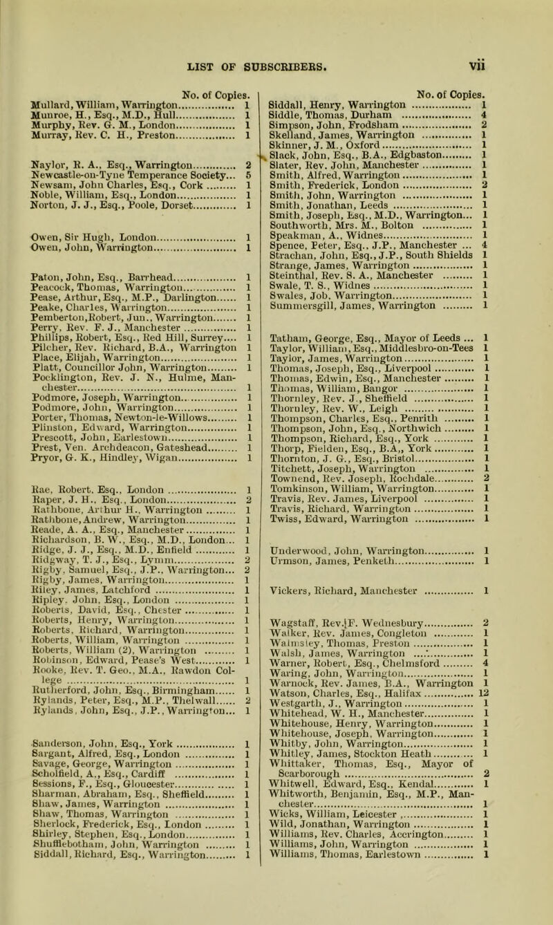 No. of Copies. Mullard, William, Warrington 1 Muuroe, H., Esq., M.D., Hull 1 Murphy, Rev. G. M., London 1 Murray, Rev. C. H., Preston 1 Naylor, R. A.. Esq., Warrington 2 Newcastle-ou-Tyne Temperance Society... 5 Newsam, John Charles, Esq., Cork 1 Noble, William, Esq., London 1 Norton, J. J., Esq., Poole, Dorset 1 Owen, Sir Hugh, London 1 Owen, John, Warrington 1 Paton, John, Esq., Ban'head 1 Peacock, Thomas, Warrington 1 Pease, Arthur, Esq., M.P., Darlington 1 Peake, Charles, Warrington 1 Pemberton ,Robert, J uu.. Warrington 1 Perry. Rev. F. J., Manchester 1 Phillips, Robert, Esq., Red Hill, Surrey.... 1 Pilcher, Rev. Richard, B.A., W'arrington 1 Place, Elijah, Warrington 1 Platt, Councillor John, Warrington 1 Poeklinglon, Rev. J. N., Hulme, Man- chester 1 Podmore, Joseph, W'arrington 1 Podmore, John, Warrington 1 Porter, Thomas, Newton-le-W'illows 1 Plinston, Edward, W'arrington 1 Prescott, John, Earlestown 1 Prest, Ven. Archdeacon, Gateshead 1 Pryor, G. K., Hindley, Wigan 1 Rac. Robert. Esq., London 1 Raper. J. H.. Esq. .London 2 Rathboue, Arthur H., W'arrington 1 Rathbone, Andrew, Warrington 1 Reade, A. A., Esq., Manchester 1 Richardson. B. W., Esq., M.D., London... 1 Ridge. J. J., Esq., M.D., Enfield 1 Ridgway, T. J., Esq., Lymni 2 Rigby. Samuel, Esq., J.’P., Warrington... 2 Rigby, James. Warrington 1 Riley, James, Latchford 1 Ripley. John, Esq., London 1 Roberts, David, Esq., Chester 1 Roberts, Henry, Warrington 1 Roberts, Richard, Warrington 1 Roberts, William, Warrington 1 Roberts. William (2), Warrington 1 Robinson. Edward, Pease’s West 1 Rooke, Rev. T. Geo., M.A., Rawdon Col- lege 1 Rutherford, John, Esq., Birmingham 1 Rylands, Peter, Escp, M.P., Tlielwall 2 Rylands, John, Esq., J.P., Warrington... 1 Sanderson, John, Esq., York 1 Sargant, Alfred, Esq., London 1 Savage, George, Warrington 1 Scholfield, A., Esq., CarSff 1 Sessions, F., Esq., Gloucester 1 Sharman, Abraham, Esq., Sheffield 1 Shaw. James, Warrington 1 Shaw, Thomas, Warrington 1 Sherlock, Frederick, Esq., London 1 Shirley, Stephen, Esq.,London 1 Bhiiffiebotham, John, Warrington 1 Siddall,Richard, Esq., Warrington 1 No. Of Copies. Siddall, Henry, Warrington 1 Siddle, Thomas, Durham 4 Simpson, John, Frodsham 2 Skelland, James, Wan-mgton 1 Skinner, J. M., Oxford 1 Slack, John, Esq., B.A., Edgbaston 1 Slater, Rev. John, Manchester 1 Smith, Alfred, Warrington 1 Smith, Frederick, London 2 Smith, John, Warrington 1 Smith, Jonathan, Leeds 1 Smith, Joseph, Esq., M.D., Wai'rington... 1 Southworth, Mrs. M., Bolton 1 Speakman, A., Widnes 1 Spence, Peter, Esq.. J.P., Manchester ... 4 Strachan, John, Esq., J.P., South Shields 1 Strange, James, Warrington 1 Steinthal, Rev. 8. A., Manchester 1 Swale, T. S., Widnes 1 Swales, Job, Warrington 1 Summersgill, James, W.arrington 1 Tatham, George, Esq., Mayor of Leeds ... 1 Taylor, William,Esq.,Middlesbro-on-Tees I Taylor, James, Warrington 1 Thomas, .Joseph, Esq., Liverpool 1 Thomas, Edwin, Esq., Manchester 1 Thomas, William, Bangor 1 Thornley, Rev. J., Sheffield 1 Thornley, Rev. W., Leigh 1 Thompson, Charles, Esq., Penrith 1 Thompson, John, Esq., Northwich 1 Thompson, Richard, Esq., York 1 Thorp, Fielden, Esq., B.A„ York 1 Thornton, J. G., Esq., Bristol 1 Titchett, Joseph, Warrington 1 Townend, Rev. Joseph, Rochdale 2 Tomkinson, William, Warrington 1 Travis, Rev. James, Liverpool 1 Travis, Richard, Warrington 1 Twiss, Edward, Warrington 1 Underwood, John, Warrington 1 Urmsou, James, Penkelh 1 Vickers, Richard, Manchester 1 Wagstaff, Rev.jF. Wednesbiiry 2 Walker, Rev. James, Congleton 1 Walnisley, Thomas, Preston 1 Walsh, James, Warrington ....'. 1 Warner, Itoberl, Esq., Chelmsford 4 Waring, John, Warrington 1 Warnock, Rev. James, B.A., Warrington 1 Watson, Charles, Esq., Halifax 12 Westgarth, J., Warrington 1 Whitehead, W. H,, M.anchester 1 Whitehouse, Henry, Warrington 1 Whitehouse, Joseph, Warrington 1 Whitby, John, Warrington 1 Whitley, James, Stockton Heath 1 Whittaker, Thomas, Esq., Mayor of Scarborough 2 Whitwell, Edward, Esq., Kendal 1 Whitworth, Benjamin, Esq., M.P., Man- chester 1 Wicks, William, Leicester 1 Wild, Jonathan, Warrington 1 Williams, Rev. Charles, Accrington 1 Williams, John, Warrington 1 Williams, Thomas, Earlestown 1