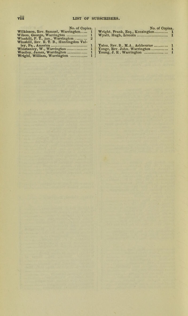 No. of Copies. Wilkinson, Rev. Samuel, Warrington I Wilson, Oeoi^e, Warrington 1 Wiuskill, P. T., .inn., Warrington 2 Wiiiskill, Rev. R. T. B., Huntingdon Val- ley, Pa., America 1 Winstanley, W., Warrington 1 Woolley, James, Warrington 1 Wright, William, Warrington 1 No. of Copies- Wi-ight, Frank, Esq., Kensington 1 Wyatt, Hugh, Lincoln 1 Yates, Rev. B., M.A.. Ashbourne 1 Yonge, Rev. John, Warrington 1 Young, J. R , Wari’ington 1