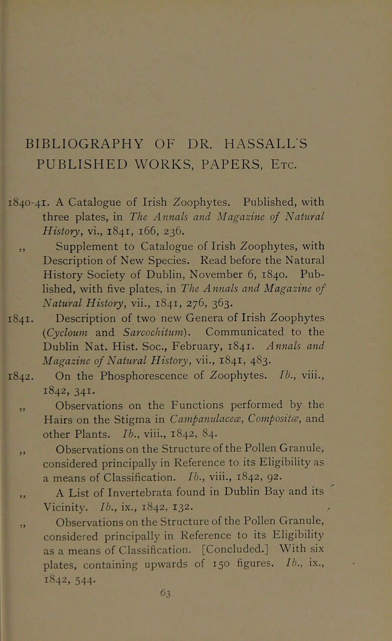 BIBLIOGRAPHY OF DR. HASSALL'S PUBLISHED WORKS, PAPERS, Etc. 1840-41. A Catalogue of Irish Zoophytes. Published, with three plates, in The Annals and Magazine of Natural History, vi., 1841, 166, 236. ,, Supplement to Catalogue of Irish Zoophytes, with Description of New Species. Read before the Natural History Society of Dublin, November 6, 1840. Pub- lished, with five plates, in The Annals and Magazine of Natural History, vii., 1841, 276, 363. 1841. Description of two new Genera of Irish Zoophytes {Cycloum and Sarcochitum). Communicated to the Dublin Nat. Hist. Soc., February, 1841. Annals and Magazine of Natural History, vii., 1841, 483. 1842. On the Phosphorescence of Zoophytes. Ib., viii., 1842, 341. „ Observations on the Functions performed by the Hairs on the Stigma in Campamdacece, Composites, and other Plants. Ib., viii., 1842, 84. ,, Observations on the Structure of the Pollen Granule, considered principally in Reference to its Eligibility as a means of Classification. Ib., viii., 1842, 92. „ A List of Invertebrata found in Dublin Bay and its Vicinity. Ib., ix., 1842, 132. „ Observations on the Structure of the Pollen Granule, considered principally in Reference to its Eligibility as a means of Classification. [Concluded.] With six plates, containing upwards of 150 figures. Ib., ix., 1842, 544.