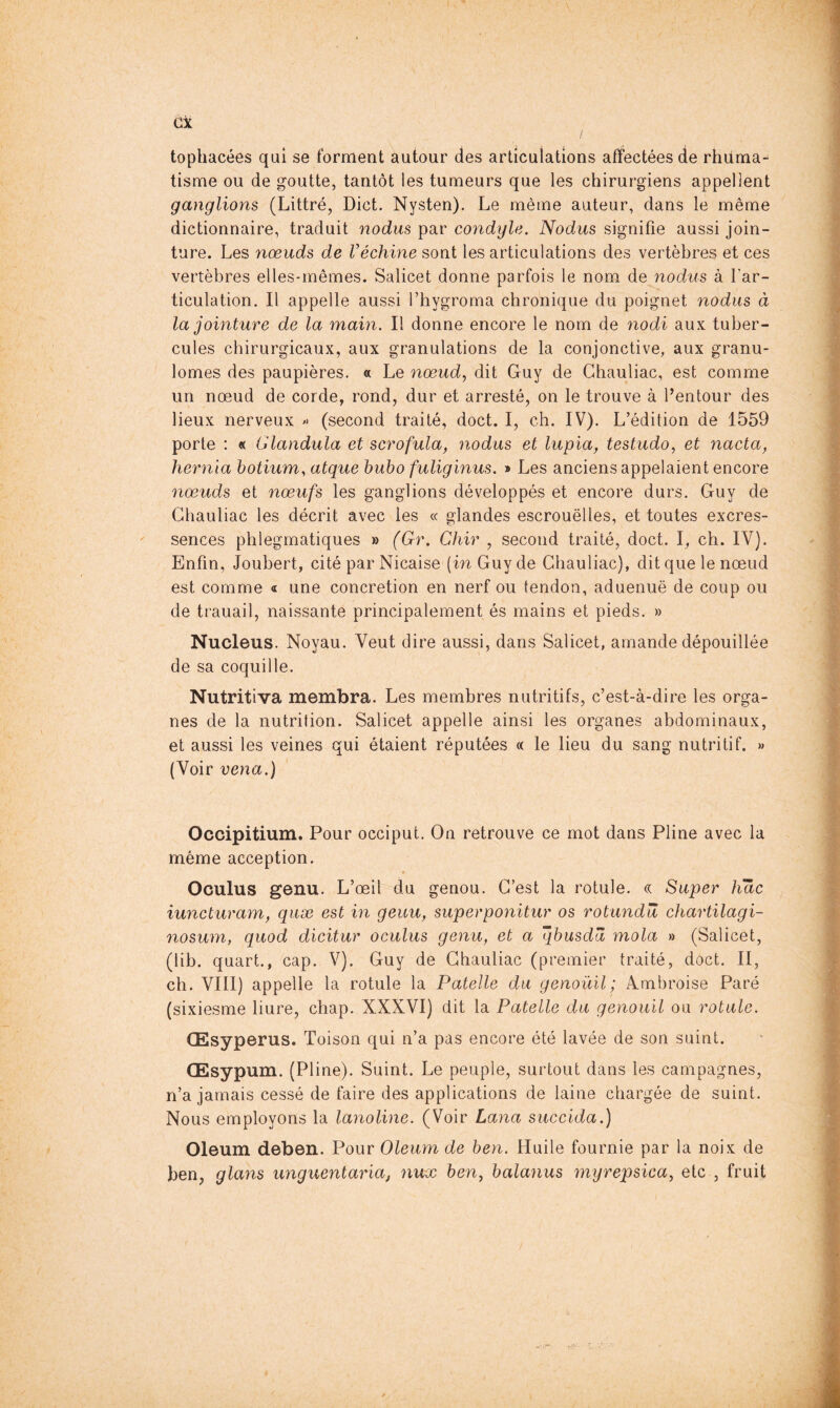 ex I tophacées qui se forment autour des articulations affectées de rhuma- tisme ou de goutte, tantôt les tumeurs que les chirurgiens appellent ganglions (Littré, Diet. Nysten). Le même auteur, dans le même dictionnaire, traduit nodus par condyle. Nodus signifie aussi join- ture. Les nœuds de Véchine sont les articulations des vertèbres et ces vertèbres elles-mêmes. Salicet donne parfois le nom de nodus à far- ticulation. Il appelle aussi l’hygroma chronique du poignet nodus à la jointure de la main. Il donne encore le nom de nodi aux tuber- cules chirurgicaux, aux granulations de la conjonctive, aux granu- lomes des paupières. « Le nœud, dit Guy de Ghauliac, est comme un nœud de corde, rond, dur et arresté, on le trouve à l’entour des lieux nerveux /> (second traité, doct. I, ch. IV). L’édition de 1559 porte : « Glandula et scrofula, nodus et lupia, testudo, et naeta, hernia hotium, atque huho fuliginus. * Les anciens appelaient encore nœuds et nœufs les ganglions développés et encore durs. Guy de Ghauliac les décrit avec les « glandes escrouëlles, et toutes excres- sences phlegmatiques » (Gr. Chir , second traité, doct. l, ch. IV). Enfin, Joubert, cité par Nicaise [in Guy de Ghauliac), dit que le nœud est comme « une concretion en nerf ou tendon, aduenuë de coup ou de trauail, naissante principalement és mains et pieds. » Nucleus. Noyau. Veut dire aussi, dans Salicet, amande dépouillée de sa coquille. Nutritiva membra. Les membres nutritifs, c’est-à-dire les orga- nes de la nutrition. Salicet appelle ainsi les organes abdominaux, et aussi les veines qui étaient réputées « le lieu du sang nutritif. » (Voir vena.) Occipitium. Pour occiput. On retrouve ce mot dans Pline avec la même acception. É Oculus genu. L’œil du genou. C’est la rotule. « Super hâc iuncturam, quæ est in geuu, superponitur os rotunda chartilagi- nosurn, quod dicitur oculus genu, et a qhusdâ mola » (Salicet, (lib. quart., cap. V). Guy de Ghauliac (premier traité, doct. II, ch. VIII) appelle la rotule la Patelle du genoüil; A.mbroise Paré (sixiesme liure, chap. XXXVI) dit la Patelle du genouil ou rotule. Œsyperus. Toison qui n’a pas encore été lavée de son suint. Œsypum. (Pline). Suint. Le peuple, surtout dans les campagnes, n’a jamais cessé de faire des applications de laine chargée de suint. Nous employons la lanoline. (Voir Lana succida.) Oleum deben. Pour Oleum de hen. Huile fournie par la noix de ben, glans imguentaria, nux hen, balanus mijrepsica, etc , fruit