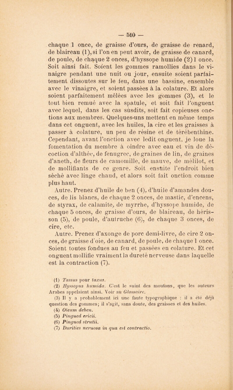 chaque 1 once, de graisse d’ours, de graisse de renard, de blaireau (l),si l’on en peut avoir, de graisse de canard, de poule, de chaque 2 onces, d’hyssope humide (2) 1 once. Soit ainsi fait. Soient les gommes ramollies dans le vi- naigre pendant une nuit ou jour, ensuite soient parfai- tement dissoutes sur le feu, dans une bassine, ensemble avec le vinaigre, et soient passées à la colature. Et alors soient parfaitement mêlées avec les gommes (3), et le tout bien remué avec la spatule, et soit fait Fonguent avec lequel, dans les cas sùsdits, soit fait copieuses onc- tions aux membres. Quelques-uns mettent en même temps dans cet onguent, avec les huiles, la cire et les graisses à passer à colature, un peu de résine et de térébenthine. Cependant, avant Fonction avec ledit onguent, je loue la fomentation du membre à oindre avec eau et vin de dé- coction d’althée, de fenugrec, de graines de lin, de graines d’aneth, de fleurs de camomille, de mauve, de mélilot, et de mollifiants de ce genre. Soit ensüite l’endroit bien séché avec linge chaud, et alors soit fait onction comme plus haut. Autre. Prenez d’huile de ben (4), d’huile d’amandes dou- ces, de lis blancs, de chaque 2 onces, de mastic, d’encens, de styrax, de calamite^ de myrrhe, d’hyssope humide, de chaque 5 onces, de graisse d’ours, de blaireau, de héris- son (5), de poule, d’aui ruche (6), de chaque 3 onces, de cire, etc. Autre. Prenez d’axonge de porc demi-livre, de cire 2 on- ces, de graisse d’oie, de canard, de poule, de chaque 1 once. Soient toutes fondues au feu et passées en colature. Et cet onguent mollifie vraiment la dureté nerveuse dans laquelle est la contraction (7). (1) Tassus pour taxiis. (2) Hyssopus hiimida. C’est le suint des moutons, que les auteurs Arabes appelaient ainsi. Voir au Glossaire. (3) Il y a probablement ici une faute typographique : il a été déjà question des gommes; il s’agit, sans doute, des graisses et des huiles. (4) Oleum dehen. (5) Pingued ericii. (6) Pingued strutii. (7) Purities ney'uosa in qua est contractio.