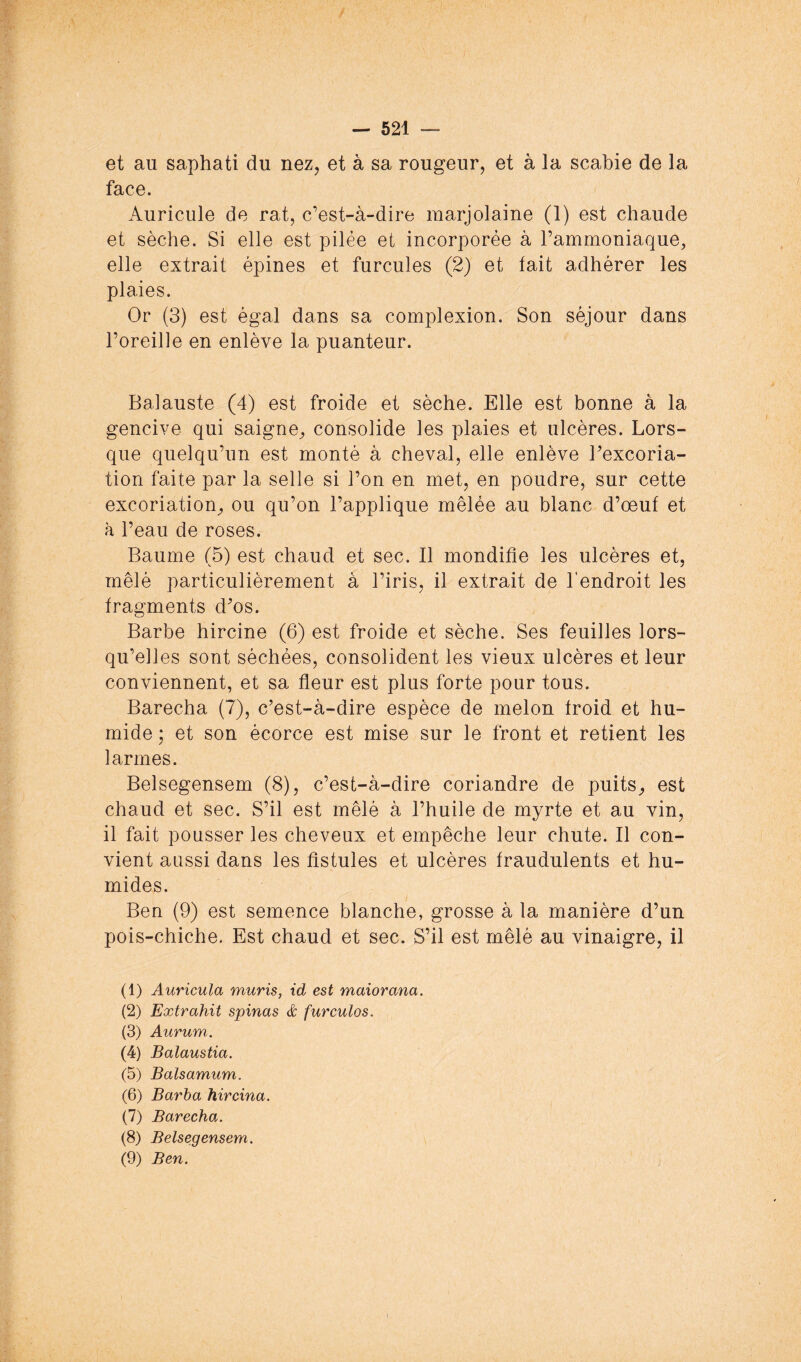 — 621 — et au saphati du nez, et à sa rougeur, et à la scabie de la face. Auricule de rat, c’est-à-dire marjolaine (1) est chaude et sèche. Si elle est pilée et incorporée à l’ammoniaque, elle extrait épines et furcules (2) et fait adhérer les plaies. Or (3) est égal dans sa complexion. Son séjour dans l’oreille en enlève la puanteur. Balauste (4) est froide et sèche. Elle est bonne à la gencive qui saigne, consolide les plaies et ulcères. Lors- que quelqu’un est monté à cheval, elle enlève Texcoria- tion faite par la selle si l’on en met, en poudre, sur cette excoriation, ou qu’on l’applique mêlée au blanc d’œuf et à l’eau de roses. Baume (5) est chaud et sec. Il mondifie les ulcères et, mêlé particulièrement à l’iris, il extrait de l'endroit les fragments dos. Barbe hircine (6) est froide et sèche. Ses feuilles lors- qu’elles sont séchées, consolident les vieux ulcères et leur conviennent, et sa fleur est plus forte pour tous. Barecha (7), c’est-à-dire espèce de melon froid et hu- mide ; et son écorce est mise sur le front et retient les larmes. Belsegensem (8), c’est-à-dire coriandre de puits, est chaud et sec. S’il est mêlé à l’huile de myrte et au vin, il fait pousser les cheveux et empêche leur chute. Il con- vient aussi dans les fistules et ulcères fraudulents et hu- mides. Ben (9) est semence blanche, grosse à la manière d’un pois-chiche. Est chaud et sec. S’il est mêlé au vinaigre, il (1) Auricula mûris, id est maiorana. (2) Extrahit spinas & furculos. (3) Aurum. (4) Balaustia. (5) Balsamum. (6) Barba hircina. (7) Barecha. (8) Belsegensem.