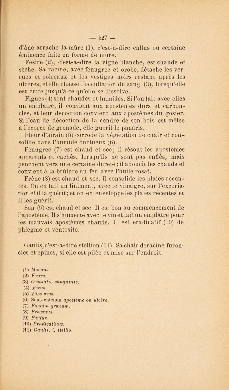 d’àne arrache la mûre (1), c’est-à-dire callus ou certaine éminence faite en forme de mûre. Fesire (2), c’est-à-dire la vigne blanche, est chaude et sèche. Sa racine, avec fenugrec et orobe, détache les ver- rues et poireaux et les vestiges noirs restant après les ulcères, et elle chasse l’occultation du sang (3), lorsqu’elle est cuite jusqu’à ce qu’elle se dissolve. Figues (4) sont chaudes et humides. Si l’on fait avec elles un emplâtre, il convient aux apostèmes durs et carbon- cles, et leur décoction convient aux apostèmes du gosier. Si l’eau de décoction de la cendre de son bois est mêlée à Fécorce de grenade, elle guérit le panaris. Fleur d’airain (5) corrode la végétation de chair et con- solide dans l’humide onctueux (6). Fenugrec (7) est chaud et sec; il résout les apostèmes apparents et cachés, lorsqu’ils ne sont pas enfléS;, mais penchent vers une certaine dureté ; il adoucit les chauds et convient à la brûlure du feu avec l’huile rosat. Frêne (8) est chaud et sec. Il consolide les plaies récen- tes. On en fait un liniment, avec le vinaigre, sur Fexcoria- tion et il la guérit; et on en enveloppe les plaies récentes et il les guérit. Son (9) est chaud et sec. Il est bon au commencement de l’apostème. Il s’humecte avec le vin et fait un emplâtre pour les mauvais apostèmes chauds. Il est èradicatif (10) de phlegme et ventosité. Gaulis, c’est-à-dire stellion (11). Sa chair déracine furon- cles et épines, si elle est pilée et mise sur l’endroit. (1) Morum. (2) Fesire. (3) Occulatio sanguinis. (4) Ficus. (5) Flos æris. (6} Sous-entendu apostème ou ulcère. (7) Fœnum græcum. (8) Fraxinus. (9) Furfur. (10) Eradicatiuus. (11) Gaulis. i. stellio. \