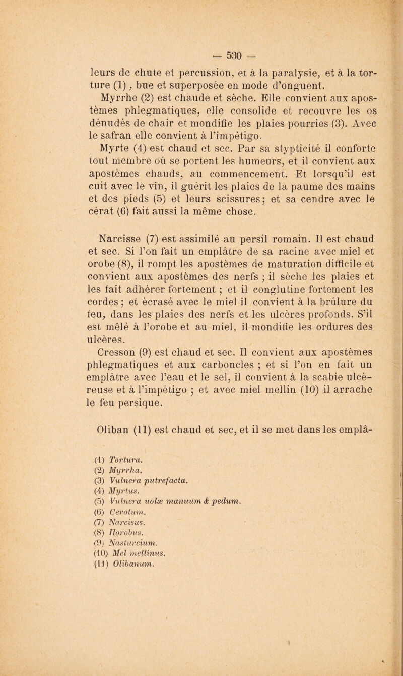 leurs de chute et percussion, et à la paralysie, et à la tor- ture (1) ^ bue et superposée en mode d’onguent. Myrrhe (2) est chaude et sèche. Elle convient aux apos- tèmes phlegmatiques, elle consolide et recouvre les os dénudés de chair et mondifie les plaies pourries (3). Avec le safran elle convient à l’impétigo. Myrte (4) est chaud et sec. Par sa stypticité il conforte tout membre où se portent les humeurs, et^il convient aux apostèmes chauds, au commencement. Et lorsqu’il est cuit avec le vin, il guérit les plaies de la paume des mains et des pieds (5) et leurs scissures; et sa cendre avec le cérat (6) fait aussi la même chose. Narcisse (7) est assimilé au persil romain. Il est chaud et sec. Si l’on fait un emplâtre de sa racine avec miel et orobe (8), il rompt les apostèmes de maturation difficile et convient aux apostèmes des nerfs ; il sèche les plaies et les fait adhérer fortement ; et il conglutine fortement les cordes ; et écrasé avec le miel il convient à la brûlure du feu, dans les plaies des nerfs et les ulcères profonds. S’il est mêlé à l’orobe et au miel, il mondifie les ordures des ulcères. Cresson (9) est chaud et sec. Il convient aux apostèmes phlegmatiques et aux carboncles ; et si l’on en fait un emplâtre avec l’eau et le sel, il convient à la scabie ulcé- reuse et à l’impétigo ; et avec miel mellin (10) il arrache le feu persique. Oliban (II) est chaud et sec, et il se met dans les emplâ- (1) Tortura, (2) Myrrha, (3) Vulnera putrefacta. (4) Myrtus. (5) Vulnera uolæ manuum & pedum. (6) Cerotum. (7) Narcisus. (8) Horohus. (9j Nasturcium. (10) Mel mellinus. (H) Olïbanum.