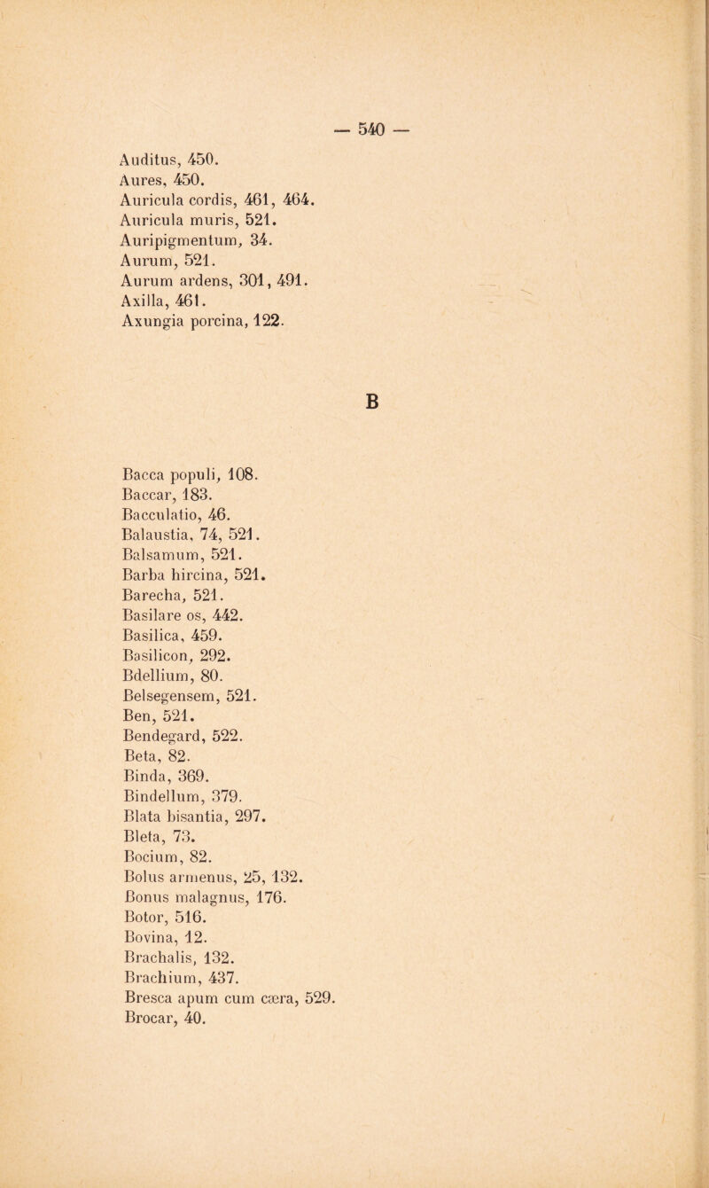 Auditus, 450. Aures, 450. Auricula cordis, 461, 464. Auricula mûris, 521. Auripigmentum, 34. Aurum, 521. Aurum ardens, 301, 491. Axilla, 46t. Axungia porcina, 122. Bacca populi, 108. Baccar, 183. Bacculatio, 46. Balaustia, 74, 521. Balsamum, 521. Barba hircina, 521. Barecha, 521. Basilare os, 442. Basilica, 459. Basilicon, 292. Bdellium, 80. Belsegensem, 521. Ben, 521. Bendegard, 522. Beta, 82. Binda, 369. Bindellum, 379. Blata bisantia, 297. Bleta, 73. Bocium, 82. Bolus armenus, 25, 132. Bonus malagnus, 176. Botor, 516. Bovina, 12. Brachalis, 132. Brachium, 437. Bresca apum cum cæra, 529 Brocar, 40.