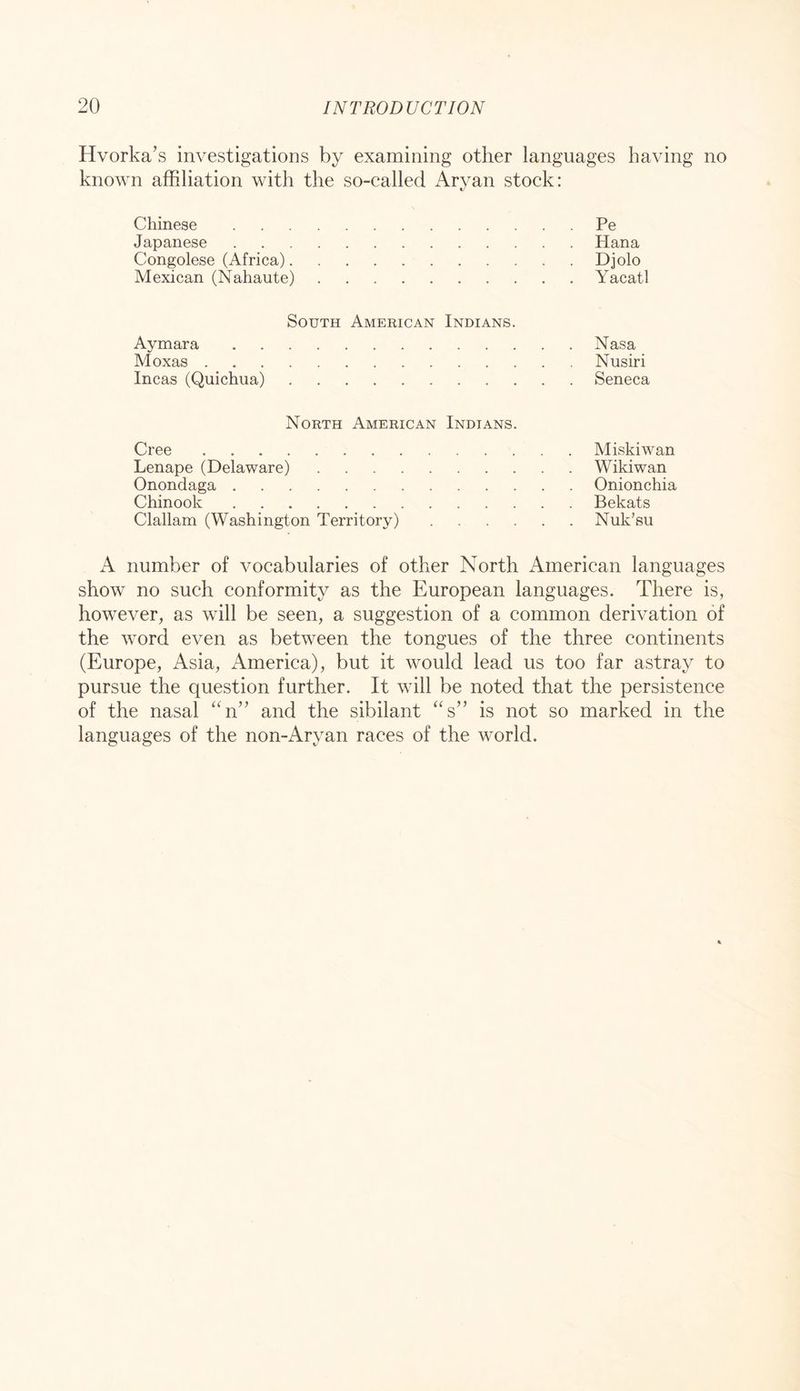 Hvorka’s investigations by examining other languages having no known affiliation with the so-called Aryan stock: Chinese Pe Japanese Hana Congolese (Africa) Djolo Mexican (Nahaute) Yacatl South American Indians. Aymara Nasa Moxas Nusiri Incas (Quichua) Seneca North American Indians. Cree Miskiwan Lenape (Delaware) Wikiwan Onondaga Onionchia Chinook Bekats Clallam (Washington Territory) Nuk’su A number of vocabularies of other North American languages show no such conformity as the European languages. There is, however, as will be seen, a suggestion of a common derivation of the word even as between the tongues of the three continents (Europe, Asia, America), but it would lead us too far astray to pursue the question further. It will be noted that the persistence of the nasal hi” and the sibilant ‘‘s’’ is not so marked in the languages of the non-Ary an races of the world.