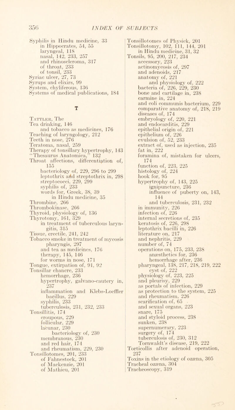 Syphilis in Hindu medicine, 33 in Hippocrates, 54, 55 laryngeal, 118 nasal,' 142, 233, 257 and rhinoscleroma, 317 of throat, 233 of tonsil, 233 Syriac ulcer, 27, 73 Syrups and elixirs, 99 System, chyliferous, 130 Systems of medical publications, 184 T Tattler, The Tea drinking, 146 and tobacco as medicines, 176 Teaching of laryngology, 212 Teeth in nose, 276 Teratoma, nasal, 259 Therapy of tonsillary hypertrophy, 143 ^‘Thesaurus Anatomica,” 132 Throat affections, clifferenti^^tion of, 155 bacteriology of, 229, 296 to 299 leptothrix aiid streptothrix in, 298 streptococci, 229, 299 syphilis of, 233 words for, Greek, 38, 39 in Hindu medicine, 35 Thrombine, 266 Thrombokinase, 266 Thyroid, physiology of, 136 Thyrotomy, 161, 329 in treatment of tuberculous laryn- gitis, 315 Tissue, erectile, 241, 242 Tobacco smoke in treatment of mycosis pharyngis, 297 and tea as medicines, 176 therapy, 145, 146 for worms in nose, 171 Tongue, extirpation of, 91, 92 Tonsillar chancre, 233 hemorrhage, 236 hypertrophy, galvano-cautery in, 237 inflammation and Klebs-Loefiler bacillus, 229 syidiilis, 233 tuberculosis, 231, 232, 233 Tonsillitis, 174 croupous, 229 follicular, 229 lacunar, 230 bacteriology of, 230 membranous, 230 and red hair, 174 and rheumatism, 229, 230 Tonsillotomes, 201, 233 of hAhnestock, 201 of Mackenzie, 201 of Mathieu, 201 Tonsillotomes of Physick, 201 Tonsillotomy, 102, 111, 144, 201 in Hindu medicine, 31, 32 Tonsils, 95, 200, 217, 234 accessory, 223 actinomycosis of, 297 and adenoids, 217 anatomy of, 221 and physiology of, 222 bacteria of, 226, 229, 230 bone and cartilage in, 238 carmine in, 224 and coli communis bacterium, 229 comparative anatomy of, 218, 219 diseases of, 174 embryology of, 220, 221 and endocarditis, 229 epithelial origin of, 221 epithelium of, 226 evulsion of, 52, 233 extract of, used as injection, 235 fat in, 222 foramina of, mistaken for ulcers, 174 function of, 223, 225 histology of, 224 hook for, 95 hypertrophy of, 143, 225 ignipuncture, 236 influence of puberty on, 143, 144 and tuberculosis, 231, 232 in immunit}'', 226 infection of, 226 internal secretions of, 235 keratosis of, 226, 298 leptothrix bacilli in, 226 literature on, 217 and nephritis, 229 number of, 74 operations on, 175, 233, 238 anaesthetics for, 236 hemorrhage after, 236 pharyngeal, 138, 217, 218, 219, 222 cyst of, 222 physiology of, 223, 225 and pleurisy, 229 as portals of infection, 229 as protection to the system, 225 and rheumatism, 226 scarification of, 65 • and sexual organs, 223 snare, 175 and styloid process, 238 sunken, 238 supernumerary, 223 surgery of, 174 tuberculosis of, 230, 312 Tornwaldt’s disease, 219, 222 Torticollis after adenoid operation, 237 Toxins in the etiology of ozaena, 305 Tracheal ozaena, 304 Tracheoscopy, 319