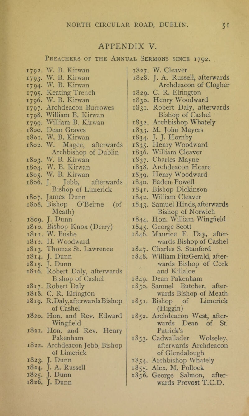 APPENDIX V. Preachers of the Annual Sermons since 1792, 1792. W. B. Kirwan 1793. W. B. Kirwan 1794. VV. B, Kinvan 1795. Keating Trench 1796. W. B. Kirwan 1797. Archdeacon Burrowes 1798. William B. Kirwan 1799. William B. Kirwan 1800. Dean Graves 1801. W. B. Kirwan 1802. W. Magee, afterwards Archbishop of Dublin 1803. W. B. Kirwan 1804. W. B. Kirwan 1805. W. B. Kirwan 1806. J, Jebb, afterwards Bishop of Limerick 1807. James Dunn x8ok Bishop O’Beirne (of Meath) 1809. J. Dunn 1810. Bishop Knox (Derry) 1811. W. Bushe 1812. H. Woodward 1813. Thomas St. Lawrence 1814. J. Dunn 1815. J. Dunn 1816. Robert Daly, afterwards Bishop of Cashel 1817. Robert Daly 1818. C. R. Elrington 1819. R. Daly,afterwards Bishop of Cashel 1820. Hon. and Rev. Edward Wingfield 1821. Hon. and Rev. Henry Pakenham 1822. Archdeacon Jebb, Bishop of Limerick 1823. J. Dunn 1824. J. A. Russell 1825. J. Dunn 1826. J. Dunn 1827. W. Cleaver 1828. J. A. Russell, afterwards Archdeacon of Clogher 1829. C. R. Elrington 1830. Henry Woodward 1831. Robert Daly, afterwards Bishop of Cashel 1832. Archbishop Whately 1833. M. John Mayers 1834. J. J. Hornby 1835. Henry Woodward 1836. William Cleaver 1837. Charles Mayne 1838. Archdeacon Hoare 1839. Henry Woodward 1840. Baden Powell 1841. Bishop Dickinson 1842. William Cleaver 1843. Samuel Hinds, afterguards Bishop of Norwich 1844. Hon. William Wingfield 1845. George Scott 1846. Maurice F. Day, after- wards Bishop of Cashel 1847. Charles S. Stanford 1848. William FitzGerald, after- wards Bishop of Cork and Killaloe 1849. Dean Pakenham 1850. Samuel Butcher, after- wards Bishop of Meath 1851. Bishop of Limerick (Higgin) 1852. Archdeacon West, after- wards Dean of St. Patrick’s 1853. Cadwallader Wolseley, afterwards Archdeacon of Glendalough 1854. Archbishop Whately 1855. Alex. M. Pollock 1856. George Salmon, after- wards Provost T.C.D.