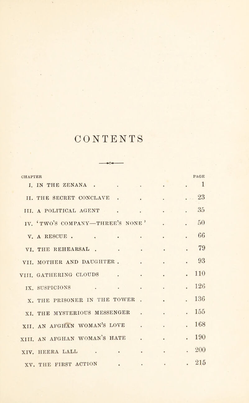 CONTENTS CHAPTER PAGE I. IN THE ZENANA ..... 1 II. THE SECRET CONCLAVE . . . . 23 III. A POLITICAL AGENT .... 35 IV. ‘two’s company—three’s NONE ^ . . 50 V. A RESCUE . . . . . .66 VI. THE REHEARSAL . . . . .79 VII. MOTHER AND DAUGHTER . . . .93 VIII. GATHERING CLOUDS .... 110 IX. SUSPICIONS ..... 126 X. THE PRISONER IN THE TOWER . . . 136 XI. THE MYSTERIOUS MESSENGER . . . 155 XII. AN AFGHAN WOMAN’S LOVE . . .168 XIII. AN AFGHAN WOMAN’S HATE . . .190 XIV. HEERA LALL ..... 200 . 215 XV. THE FIRST ACTION