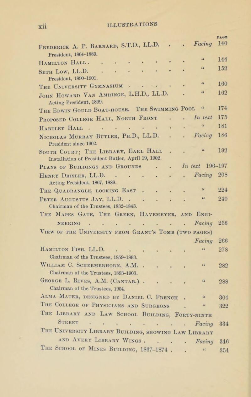 Xll PAG* Frederick A. P. Barnard, S.T.D., LL.D. . • Facing 140 President, 1864-1889. Hamilton Hall • 66 144 Seth Low, LL.D • 66 152 President, 181X1-1901. The University Gymnasium .... • 66 160 John Howard Van Amringe, L.H.D., LL.D. • u 162 Acting President, 1899. The Edwin Gould Boat-house. The Swimming Pool “ 174 Proposed College Hall, North Front • In text 175 Hartley Hall • 66 181 Nicholas Murray Butler, Ph.D., LL.D. • Facing 186 President since 1902. South Court; The Library, Earl Hall . 66 192 Installation of President Butler, April 19, 1902. Plans of Buildings and Grounds In text 196 -197 Henry Drisler, LL.D • Facing 208 Acting President, 1867, 1889. The Quadrangle, looking East . • 66 224 Peter Augustus Jay, LL.D • 66 240 Chairman of the Trustees, 1832-1843. The Mapes Gate, The Green, Havf.meyer, AND Engi- NEERING • Facing 256 View of the University from Grant’s Tomb (two pages) Facing 266 Hamilton Fish, LL.D • 66 278 Chairman of the Trustees, 1859-1893. William C. Sciiermerhorn, A.M. . • 66 282 Chairman of the Trustees, 1893-1903. George L. Hives, A.M. (Cantab.) . • 66 288 Chairman of the Trustees, 1904. Alma Mater, designed by Daniel C. French • 66 304 rl he College of Physicians and Surgeons • 66 322 I he Library and Law School Building, Forty -NINTH Street • Facing 334 The University Library Building, showing Law Library and Avery Library Wings . • Facing 346 The School of Mines Building, 1867-1874 . 66 354