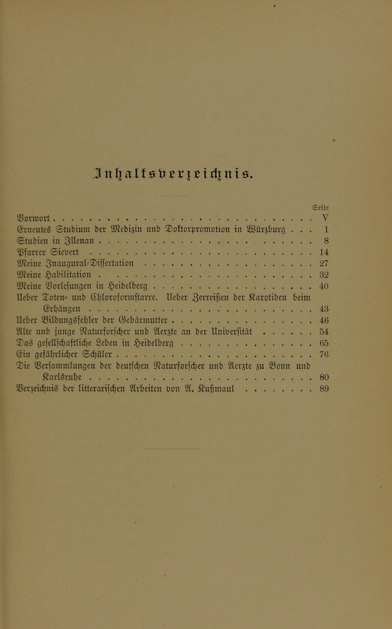 3 ul|aU0lT£r|ciiJ|nt$. ©eite SSomort V ©rneuteg ©tiibium bev 9}^ebi3tn unb SDoftorpromotion in Sßürsburg ... 1 ©tubieii tu :5öenau 8 Pfarrer ©ieuert 14 2)ietue .QfnauguraI=SDiffertation 27 9)?eine ^fibilitatiou 32 DJieine '.ßorlefuitgen tu §eibelbevg 40 lieber Stoteus uub ©blorpfonnftarre. lieber ber Jlarotibeu beim (ärbäugeu 43 lieber S8tlbuug§febler ber ©ebärmutter 46 Süte uub junge O^aturforfdber uub Slerjte au ber lluiuerfität 54 Sag geielli^aftlic[)e Sebeu tu §etbelberg 65 ßiu gefäbrltdber ©Ritter 76 Sie SSerfammluugeu ber beutfdfjen 9?aturforfdber uub SIcrate 3U SBoun uub ^arlgrube 80 SSerseidbutg ber litterarijd^eu Slrbeiteu öou 21. ^u^maul 89