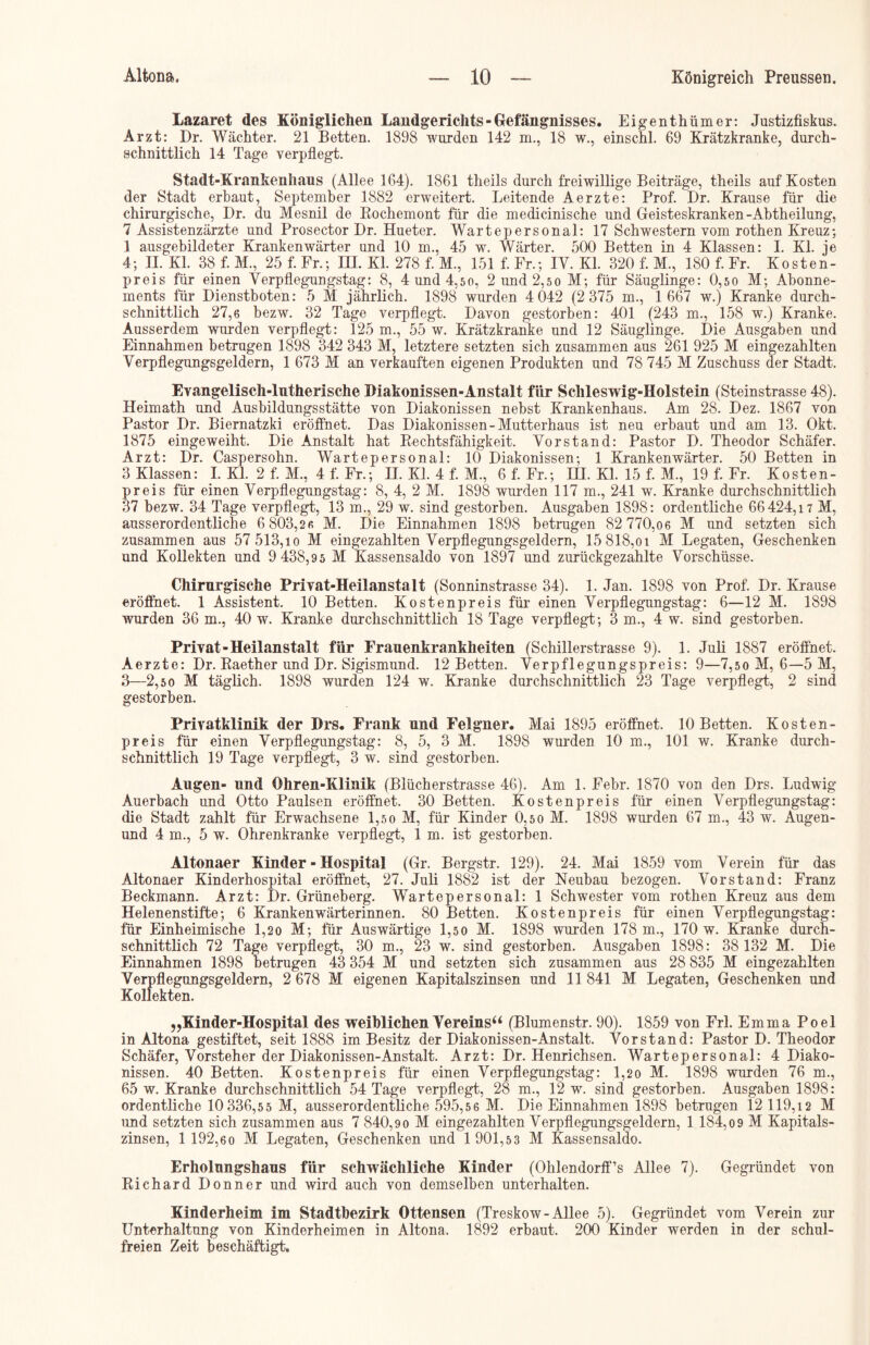 Lazaret des Königlichen Landgerichts-Gefängnisses. Eigenthümer: Justizfiskus. Arzt: Dr. Wächter. 21 Betten. 1898 wurden 142 m., 18 w., einschl. 69 Krätzkranke, durch- schnittlich 14 Tage verpflegt. Stadt-Krankenhaus (Allee 164). 1861 theils durch freiwillige Beiträge, theils auf' Kosten der Stadt erbaut, September 1882 erweitert. Leitende Aerzte: Prof. Dr. Krause für die chirurgische, Dr. du Mesnil de Rochemont für die medicinische und Geisteskranken-Abtheilung, 7 Assistenzärzte und Prosector Dr. Hueter. Wartepersonal: 17 Schwestern vom rothen Kreuz; 1 ausgebildeter Krankenwärter und 10 m., 45 w. Wärter. 500 Betten in 4 Klassen: I. Kl. je 4; II. Kl. 38 f. M., 25 f. Fr.; III. Kl. 278 f. M., 151 f. Fr.; IV. Kl. 320 f. M., 180 f. Fr. Kosten- preis für einen Verpflegungstag: 8, 4 und 4,50, 2 und 2,so M; für Säuglinge: 0,50 M; Abonne- ments für Dienstboten: 5 M jährlich. 1898 wurden 4 042 (2 375 m., 1 667 w.) Kranke durch- schnittlich 27,6 bezw. 32 Tage verpflegt. Davon gestorben: 401 (243 m., 158 w.) Kranke. Ausserdem wurden verpflegt: 125 m., 55 w. Krätzkranke und 12 Säuglinge. Die Ausgaben und Einnahmen betrugen 1898 342 343 M, letztere setzten sich zusammen aus 261 925 M eingezahlten Verpflegungsgeldern, 1 673 M an verkauften eigenen Produkten und 78 745 M Zuschuss der Stadt. Evangelisch-lutherische Biakonissen-Anstalt für Schleswig-Holstein (Steinstrasse 48). Heimath und Ausbildungsstätte von Diakonissen nebst Krankenhaus. Am 28. Dez. 1867 von Pastor Dr. Biernatzki eröffnet. Das Diakonissen-Mutterhaus ist neu erbaut und am 13. Okt. 1875 eingeweiht. Die Anstalt hat Rechtsfähigkeit. Vorstand: Pastor D. Theodor Schäfer. Arzt: Dr. Caspersohn. Wartepersonal: 10 Diakonissen; 1 Krankenwärter. 50 Betten in 3 Klassen: I. Kl. 2 f. M., 4 f. Fr.; II. Kl. 4 f. M., 6 f. Fr.; III. Kl. 15 f. M., 19 f. Fr. Kosten- preis für einen Verpflegungstag: 8, 4, 2 M. 1898 wurden 117 m., 241 w. Kranke durchschnittlich 37 bezw. 34 Tage verpflegt, 13 m., 29 w. sind gestorben. Ausgaben 1898: ordentliche 66424,17 M, ausserordentliche 6 803,2« M. Die Einnahmen 1898 betrugen 82 770,06 M und setzten sich zusammen aus 57 513,io M eingezahlten Verpflegungsgeldern, 15 818,oi M Legaten, Geschenken und Kollekten und 9 438,95 M Kassensaldo von 1897 und zurückgezahlte Vorschüsse. Chirurgische Privat-Heilanstalt (Sonninstrasse 34). 1. Jan. 1898 von Prof. Dr. Krause eröffnet. 1 Assistent. 10 Betten. Kostenpreis für einen Verpflegungstag: 6—12 M. 1898 wurden 36 m., 40 w. Kranke durchschnittlich 18 Tage verpflegt; 3 m., 4 w. sind gestorben. Privat-Heilanstalt für Frauenkrankheiten (Schillerstrasse 9). 1. Juli 1887 eröffnet. Aerzte: Dr. Raether und Dr. Sigismund. 12 Betten. Verpflegungspreis: 9—7,50 M, 6—5 M, 3—2,50 M täglich. 1898 wurden 124 w. Kranke durchschnittlich 23 Tage verpflegt, 2 sind gestorben. Privatklinik der Drs. Frank und Felgner. Mai 1895 eröffnet. 10 Betten. Kosten- preis für einen Verpflegungstag: 8, 5, 3 M. 1898 wurden 10 m., 101 w. Kranke durch- schnittlich 19 Tage verpflegt, 3 w. sind gestorben. Augen- und Ohren-Klinik (Blücherstrasse 46). Am 1. Febr. 1870 von den Drs. Ludwig- Auerbach und Otto Paulsen eröffnet. 30 Betten. Kostenpreis für einen Verpflegungstag: die Stadt zahlt für Erwachsene 1,50 M, für Kinder 0,5 0 M. 1898 wurden 67 m., 43 w. Augen- und 4 m., 5 w. Ohrenkranke verpflegt, 1 m. ist gestorben. Altonaer Kinder - Hospital (Gr. Bergstr. 129). 24. Mai 1859 vom Verein für das Altonaer Kinderhospital eröffnet, 27. Juli 1882 ist der Neubau bezogen. Vorstand: Franz Beckmann. Arzt: Dr. Grüneberg. Wartepersonal: 1 Schwester vom rothen Kreuz aus dem Helenenstifte; 6 Kranken Wärterinnen. 80 Betten. Kostenpreis für einen Verpflegungstag: für Einheimische 1,20 M; für Auswärtige 1,50 M. 1898 wurden 178 m., 170 w. Kranke durch- schnittlich 72 Tage verpflegt, 30 m., 23 w. sind gestorben. Ausgaben 1898: 38 132 M. Die Einnahmen 1898 betrugen 43 354 M und setzten sich zusammen aus 28 835 M eingezahlten Verpflegungsgeldern, 2 678 M eigenen Kapitalszinsen und 11 841 M Legaten, Geschenken und Kollekten. „Kinder-Hospital des weiblichen Vereins“ (Blumenstr. 90). 1859 von Frl. Emma Poel in Altona gestiftet, seit 1888 im Besitz der Diakonissen-Anstalt. Vorstand: Pastor D. Theodor Schäfer, Vorsteher der Diakonissen-Anstalt. Arzt: Dr. Henrichsen. Wartepersonal: 4 Diako- nissen. 40 Betten. Kostenpreis für einen Verpflegungstag: 1,20 M. 1898 wurden 76 m., 65 w. Kranke durchschnittlich 54 Tage verpflegt, 28 m., 12 w. sind gestorben. Ausgaben 1898: ordentliche 10 336,5 5 M, ausserordentliche 595,5 6 M. Die Einnahmen 1898 betrugen 12 119,12 M und setzten sich zusammen aus 7 840,90 M eingezahlten Verpflegungsgeldern, 1 184,0 9 M Kapitals- zinsen, 1 192,6 0 M Legaten, Geschenken und 1 901,5 3 M Kassensaldo. Erholnngshaus für schwächliche Kinder (Ohlendorff’s Allee 7). Gegründet von Richard Donner und wird auch von demselben unterhalten. Kinderheim im Stadtbezirk Ottensen (Treskow-Allee 5). Gegründet vom Verein zur Unterhaltung von Kinderheimen in Altona, 1892 erbaut. 200 Kinder werden in der schul- freien Zeit beschäftigt.