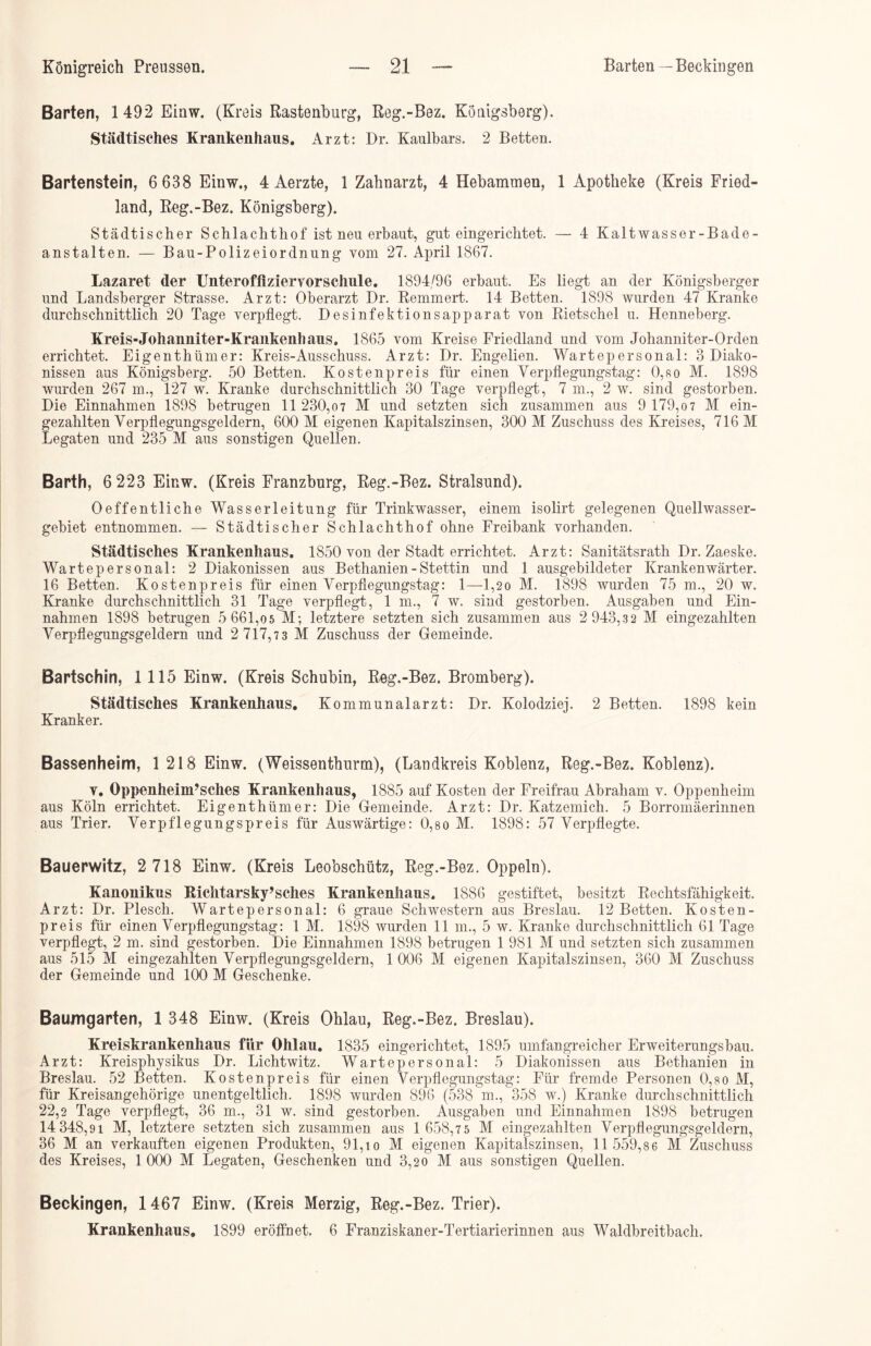 Barten, 1492 Einw. (Kreis Rastenburg, Reg.-Bez. Königsberg). Städtisches Krankenhaus. Arzt: Dr. Kaulbars. 2 Betten. Bartenstein, 6 638 Einw., 4 Aerzte, 1 Zahnarzt, 4 Hebammen, 1 Apotheke (Kreis Fried- land, Reg.-Bez. Königsberg). Städtischer Schlachthof ist neu erbaut, gut eingerichtet. — 4 Kaltwasser-Bade- anstalten. — Bau-Polizeiordnung vom 27. April 1867. Lazaret der Unteroffiziervorschule. 1894/96 erbaut. Es liegt an der Königsberger und Landsberger Strasse. Arzt: Oberarzt Dr. Remmert. 14 Betten. 1898 wurden 47 Kranke durchschnittlich 20 Tage verpflegt. Desinfektionsapparat von Rietschel u. Henneberg. Kreis-Johanniter-Krankenhaus. 1865 vom Kreise Friedland und vom Johanniter-Orden errichtet. Eigenthümer: Kreis-Ausschuss. Arzt: Dr. Engelien. Wartepersonal: 3 Diako- nissen aus Königsberg. 50 Betten. Kostenpreis für einen Verpflegungstag: 0,so M. 1898 wurden 267 m., 127 w. Kranke durchschnittlich 30 Tage verpflegt, 7 m., 2 w. sind gestorben. Die Einnahmen 1898 betrugen 11 230,07 M und setzten sich zusammen aus 9 179,07 M ein- gezahlten Verpflegungsgeldern, 600 M eigenen Kapitalszinsen, 300 M Zuschuss des Kreises, 716 M Legaten und 235 M aus sonstigen Quellen. Barth, 6 223 Einw. (Kreis Franzburg, Reg.-Bez. Stralsund). Oeffentliche Wasserleitung für Trinkwasser, einem isolirt gelegenen Quellwasser- gebiet entnommen. — Städtischer Schlachthof ohne Freibank vorhanden. Städtisches Krankenhaus. 1850 von der Stadt errichtet. Arzt: Sanitätsrath Dr. Zaeske. Warte personal: 2 Diakonissen aus Bethanien-Stettin und 1 ausgebildeter Krankenwärter. 16 Betten. Kostenpreis für einen Verpflegungstag: 1—l,2o M. 1898 wurden 75 m., 20 w. Kranke durchschnittlich 31 Tage verpflegt, 1 m., 7 w. sind gestorben. Ausgaben und Ein- nahmen 1898 betrugen 5 661,0 5 M; letztere setzten sich zusammen aus 2 943,3 2 M eingezahlten Verpflegungsgeldern und 2 717,7 3 M Zuschuss der Gemeinde. Bartschin, 1 115 Einw. (Kreis Schubin, Reg.-Bez. Bromberg). Städtisches Krankenhaus. Kommunalarzt: Dr. Kolodziej. 2 Betten. 1898 kein Kranker. Bassenheim, 1218 Einw. (Weissenthurm), (Landkreis Koblenz, Reg.-Bez. Koblenz). v. Oppenheim’sches Krankenhaus, 1885 auf Kosten der Freifrau Abraham v. Oppenheim aus Köln errichtet. Eigenthümer: Die Gemeinde. Arzt: Dr. Katzemich. 5 Borromäerinnen aus Trier. Verpflegungspreis für Auswärtige: 0,80 M. 1898: 57 Verpflegte. Bauerwitz, 2 718 Einw. (Kreis Leobschütz, Reg.-Bez. Oppeln). Kanonikus Richtarsky’sches Krankenhaus. 1886 gestiftet, besitzt Rechtsfähigkeit. Arzt: Dr. Plesch. Wartepersonal: 6 graue Schwestern aus Breslau. 12 Betten. Kosten- preis für einen Verpflegungstag: 1 M. 1898 wurden 11 m., 5 w. Kranke durchschnittlich 61 Tage verpflegt, 2 m. sind gestorben. Die Einnahmen 1898 betrugen 1 981 M und setzten sich zusammen aus 515 M eingezahlten Verpflegungsgeldern, 1 006 M eigenen Kapitalszinsen, 360 M Zuschuss der Gemeinde und 100 M Geschenke. Baumgarten, 1 348 Einw. (Kreis Ohlau, Reg.-Bez. Breslau). Kreiskrankenhaus für Ohlau. 1835 eingerichtet, 1895 umfangreicher Erweiterungsbau. Arzt: Kreisphysikus Dr. Lichtwitz. Wartepersonal: 5 Diakonissen aus Bethanien in Breslau. 52 Betten. Kostenpreis für einen Verpflegungstag: Für fremde Personen 0,so M, für Kreisangehörige unentgeltlich. 1898 wurden 896 (538 m., 358 w.) Kranke durchschnittlich 22,2 Tage verpflegt, 36 m., 31 w. sind gestorben. Ausgaben und Einnahmen 1898 betrugen 14 348,91 M, letztere setzten sich zusammen aus 1 658,7 5 M eingezahlten Verpflegungsgeldern, 36 M an verkauften eigenen Produkten, 91,to M eigenen Kapitalszinsen, 11 559,86 M Zuschuss des Kreises, 1 000 M Legaten, Geschenken und 3,20 M aus sonstigen Quellen. Beckingen, 1467 Einw. (Kreis Merzig, Reg.-Bez. Trier). Krankenhaus. 1899 eröffnet. 6 Franziskaner-Tertiarierinnen aus Waldbreitbach.