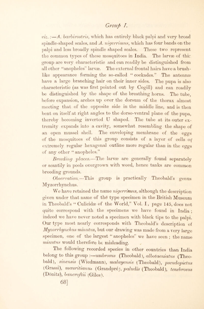 Group /. viz. :—A. harhirostris, which has entirely black palpi and very broad spindle-shaped scales, and A. nigerrimiis, which has four bands on the palpi and less broadly spindle shaped scales. These two represent the common types of these mosquitoes in India. The larvae of this group are very characteristic and can readily be distinguished from all other ‘‘anopheles” larva?. The external frontal hairs have a brush- like appearance forming the so-called “ cockades.” The antenna? have a large branching hair on their inner sides. The pupa is also characteristic (as was first pointed out by Cogill) and can readily be distinguished by the shape of the breathing horns. The tube, before expansion, arches up over the dorsum of the thorax almost meeting that of the opposite side in the middle line, and is then bent on itself at right angles to the dorso-ventral plane of the pupa, thereby becoming inverted U shaped. The tube at its outer ex- tremity expands into a cavity, somewhat resembling the shape of an open mussel shell. The enveloping membrane of the eggs of the mosquitoes of this group consists of a layer of cells of extremely regular hexagonal outline more regular than in the eggs of any other “ anopheles.” Breeding places.—The larva? are generally found separately or scantily in pools overgrown with weed, hence tanks are common breeding grounds. O O Observation.—This group is practically Theobald’s genus Myzorrhynchus. We have retained the name nigerrimus, although the description given under that name of the type specimen in the British Museum in Theobald’s “ Culicida3 of the World,” Vol. I, page 145, does not quite correspond with the specimens we have found in India ; indeed we have never noted a specimen with black tips to the palpi. Our type most nearly corresponds with Theobald’s description of Myzorrhynchus minutus, but our drawing was made from a very large specimen, one of the largest “ anopheles” we have seen ; the name minuUis would therefore be misleading. The following recorded species in other countries than India belong to this group :—umhTOsus (Theobald), cilhotaeniatus (Theo- bald), sinensis (Wiedmann), malayensis (Theobald), pseudopictus (Grassi), mauritianiiA (Grandpre), paZucfe (Theobald), tenehrosus (Donitz), Ijancroftii (Giles). 68]