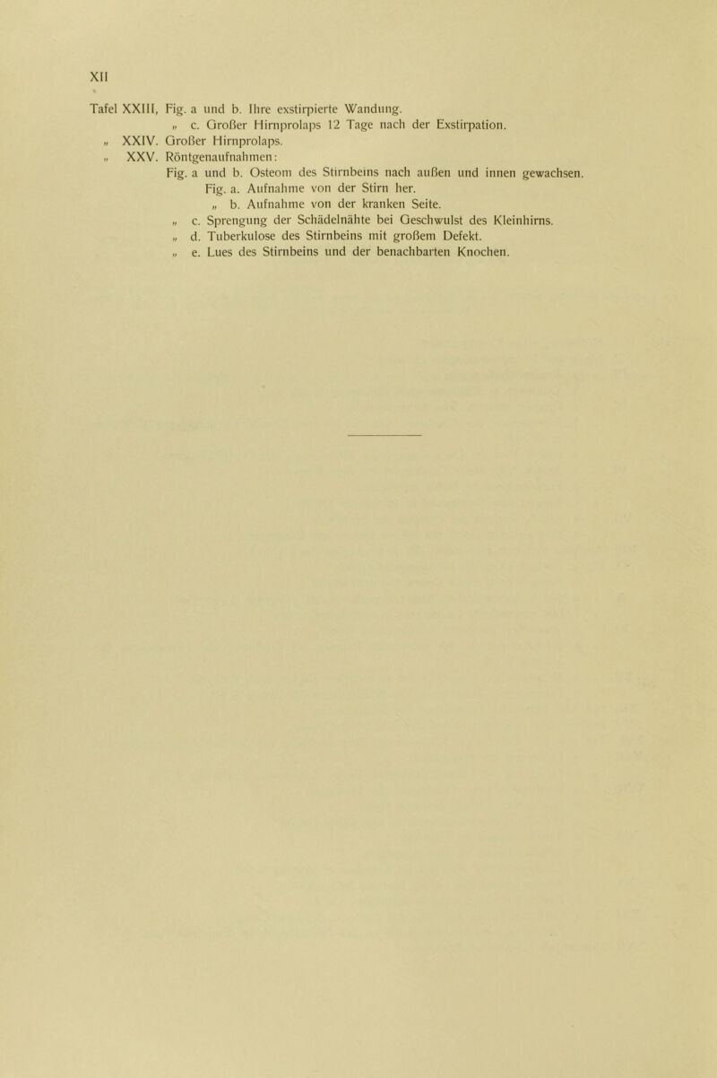 Tafel XXIII, Fig. a und b. Ihre exstirpierte Wandung. r, c. Großer Hirnprolaps 12 Tage nach der Exstirpation. „ XXIV. Großer Hirnprolaps. XXV. Röntgenaufnahmen: Fig. a und b. Osteom des Stirnbeins nach außen und innen gewachsen. Fig. a. Aufnahme von der Stirn her. „ b. Aufnahme von der kranken Seite. „ c. Sprengung der Schädelnähte bei Geschwulst des Kleinhirns. „ d. Tuberkulose des Stirnbeins mit großem Defekt. „ e. Lues des Stirnbeins und der benachbarten Knochen.