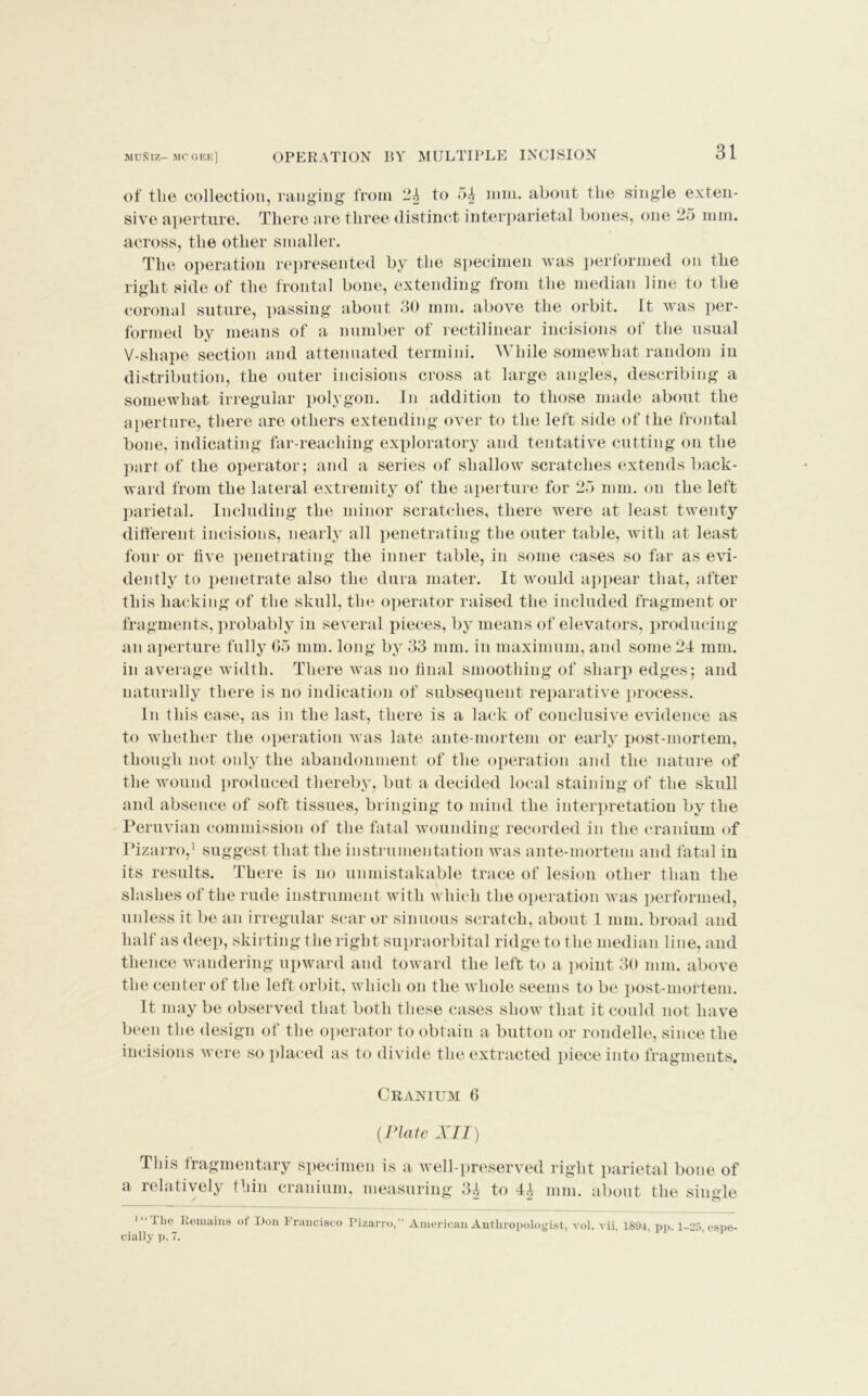 MUNIZ- MC GEE] OPERATION BY MULTIPLE INCISION of the collection, ranging from to 54 mm. about the single exten- sive aperture. There are three distinct interparietal bones, one 25 nun. across, the other smaller. The operation represented by the specimen was performed on the right side of the frontal bone, extending from the median line to the coronal suture, passing about 30 mm. above the orbit, it was per- formed by means of a number of rectilinear incisions of the usual V-shape section and attenuated termini. While somewhat random in distribution, the outer incisions cross at large angles, describing a somewhat irregular polygon. In addition to those made about the aperture, there are others extending over to the left side of the frontal bone, indicating far-reaching exploratory and tentative cutting on the part of the operator; and a series of shallow scratches extends back- ward from the lateral extremity of the aperture for 25 mm. on the left parietal. Including the minor scratches, there were at least twenty different incisions, nearly all penetrating the outer table, with at least four or live penetrating the inner table, in some cases so far as evi- dently to penetrate also the dura mater. It would appear that, after this hacking of the skull, the operator raised the included fragment or fragments, probably in several pieces, by means of elevators, producing an aperture fully 05 mm. long by 33 mm. in maximum, and some 24 mm. in average width. There was no final smoothing of sharp edges; and naturally there is no indication of subsequent reparative process. In this case, as in the last, there is a lack of conclusive evidence as to whether the operation was late ante-mortem or early post-mortem, though not only the abandonment of the operation and the nature of the wound produced thereby, but a decided local staining of the skull and absence of soft tissues, bringing to mind the interpretation by the Peruvian commission of the fatal wounding recorded in the cranium of Pizarro,1 suggest that the instrumentation was ante-mortem and fatal in its results. There is no unmistakable trace of lesion other than the slashes of the rude instrument with which the operation was performed, unless it be an irregular scar or sinuous scratch, about 1 mm. broad and half as deep, skirting the right supraorbital ridge to the median line, and thence wandering upward and toward the left to a point 30 mm. above the center ot the left orbit, which on the whole seems to be post-mortem. It may be observed that both these cases show that it could not have been the design of the operator to obtain a button or rondelle, since the incisions were so placed as to divide the extracted piece into fragments. Cranium 0 (Plate XII) This fragmentary specimen is a well-preserved right parietal bone of a relatively thin cranium, measuring 34 to 44 mm. about the single 'llie Remains of Bon Francisco Pizarro,” American Anthropologist, vol. vii, 1894, pp. 1-25, espe- cially p. 7.