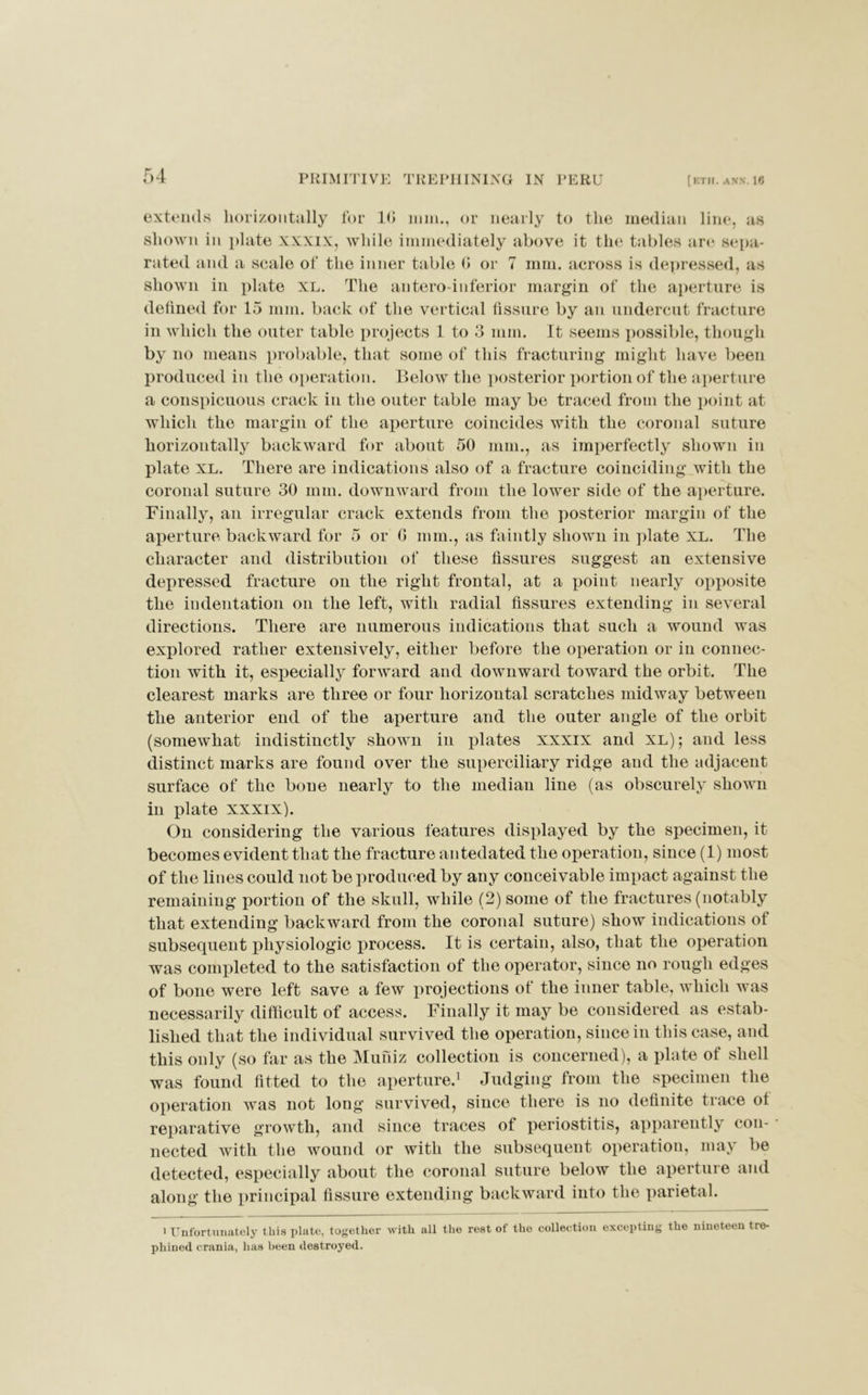 extends horizontally for 1(> nun., or nearly to the median line, as shown in plate xxxix, while immediately above it the tables are sepa- rated and a scale of the inner table <> or 7 mm. across is depressed, as shown in plate xl. The antero inferior margin of the aperture is defined for 15 mm. back of the vertical fissure by an undercut fracture in which the outer table projects 1 to 3 mm. It seems possible, though by no means probable, that some of this fracturing might have been produced in the operation. Below the posterior portion of the aperture a conspicuous crack in the outer table may be traced from the point at which the margin of the aperture coincides with the coronal suture horizontally backward for about 50 mm., as imperfectly shown in plate XL. There are indications also of a fracture coinciding with the coronal suture 30 mm. downward from the lower side of the aperture. Finally, an irregular crack extends from the posterior margin of the aperture backward for 5 or 0 mm., as faintly shown in plate XL. The character and distribution of these fissures suggest an extensive depressed fracture on the right frontal, at a point nearly opposite the indentation on the left, with radial fissures extending in several directions. There are numerous indications that such a wound was explored rather extensively, either before the operation or in connec- tion with it, especially forward and downward toward the orbit. The clearest marks are three or four horizontal scratches midway between the anterior end of the aperture and the outer angle of the orbit (somewhat indistinctly shown in plates xxxix and xl); and less distinct marks are found over the superciliary ridge and the adjacent surface of the bone nearly to the median line (as obscurely shown in plate xxxix). On considering the various features displayed by the specimen, it becomes evident that the fracture antedated the operation, since (1) most of the lines could not be produced by any conceivable impact against the remaining portion of the skull, while (2) some of the fractures (notably that extending backward from the coronal suture) show indications of subsequent physiologic process. It is certain, also, that the operation was completed to the satisfaction of the operator, since no rough edges of bone were left save a few projections of the inner table, which was necessarily difficult of access. Finally it may be considered as estab- lished that the individual survived the operation, since in this case, and this only (so far as the Muniz collection is concerned), a plate of shell was found fitted to the aperture.1 Judging from the specimen the operation was not long survived, since there is no definite trace of reparative growth, and since traces of periostitis, apparently con- nected with the wound or with the subsequent operation, may be detected, especially about the coronal suture below the aperture and along the principal fissure extending backward into the parietal. 1 Unfortunately this plate, together with all the rest of the collection excepting the nineteen tre- phined crania, has been destroyed.