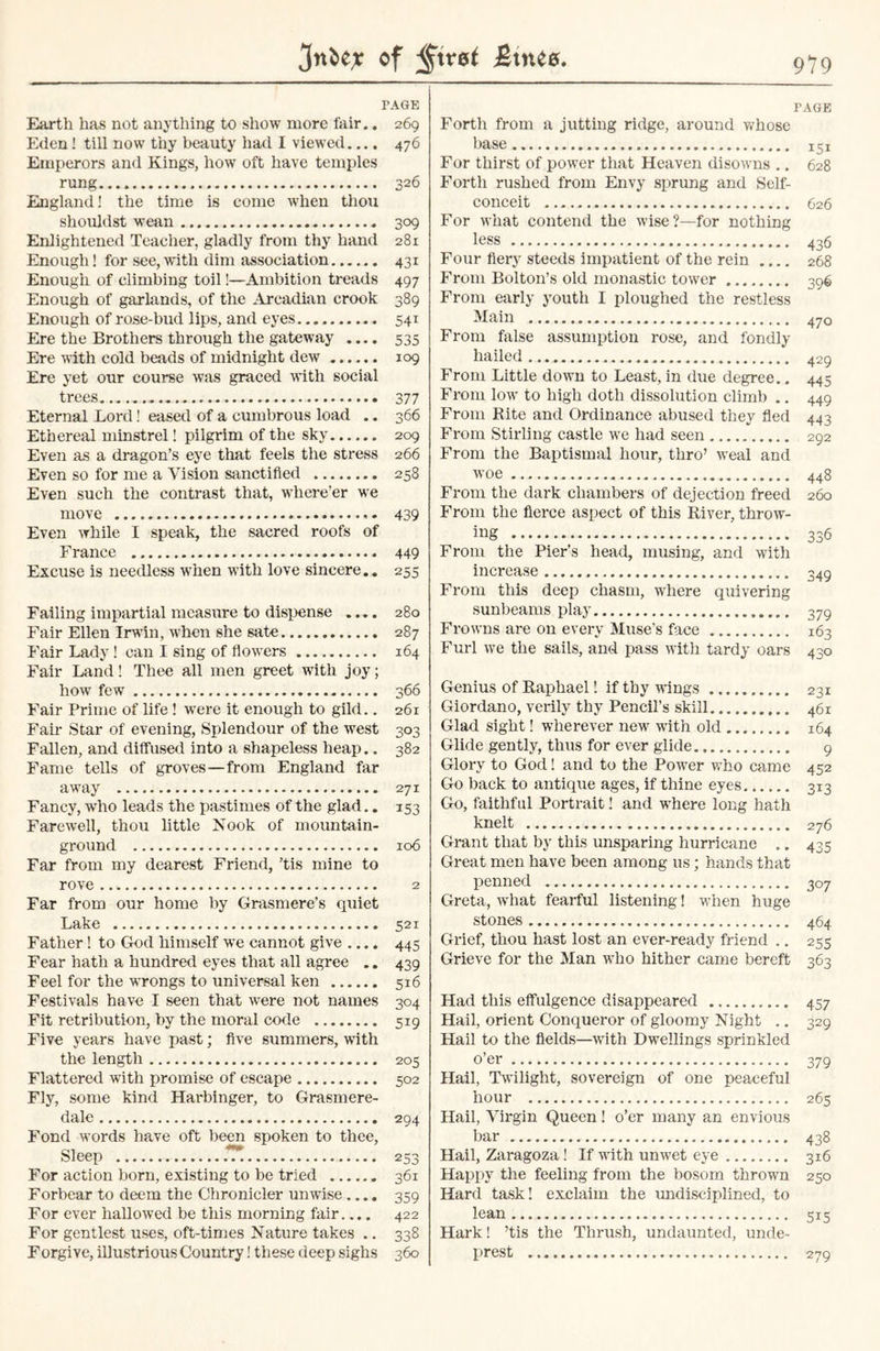 3nt>e^ cf ;§tt*ef jltnee PAGE Earth has not anything to show more fair.. 269 Eden! till now thy beauty had I viewed.... 476 Emperors and Kings, how oft have temples rung 326 England! the time is come when thou shouldst wean 309 Enlightened Teacher, gladly from thy hand 281 Enough! for see,with dim association 431 Enough of climbing toil!—Ambition treads 497 Enough of garlands, of the Arcadian crook 389 Enough of rose-bud lips, and eyes 541 Ere the Brothers through the gateway .... 535 Ere with cold beads of midnight dew 109 Ere yet our course was graced with social trees 377 Eternal Lord! eased of a cumbrous load .. 366 Ethereal minstrel! pilgrim of the sky 209 Even as a dragon’s eye that feels the stress 266 Even so for me a Vision sanctified 258 Even such the contrast that, where’er we move 439 Even while I speak, the sacred roofs of France 449 Excuse is needless when with love sincere.. 255 Failing impartial measure to dispense .... 280 Fair Ellen Irwin, when she sate 287 Fair Lady! can I sing of flowers 164 Fair Land! Thee all men greet with joy; how few 366 Fair Prime of life ! were it enough to gild.. 261 Fair Star of evening, Splendour of the west 303 Fallen, and diffused into a shapeless heap.. 382 Fame tells of groves—from England far away 271 Fancy, who leads the pastimes of the glad.. 153 Farewell, thou little Nook of mountain- ground 106 Far from my dearest Friend, ’tis mine to rove 2 Far from our home by Grasmere’s quiet Lake 521 Father! to God himself we cannot give .... 445 Fear hath a hundred eyes that all agree .. 439 Feel for the -wrongs to universal ken ...... 516 Festivals have I seen that were not names 304 Fit retribution, by the moral code 5x9 Five years have past; five summers, with the length 205 Flattered with promise of escape 502 Fly, some kind Harbinger, to Grasmere- dale 294 Fond words have oft been spoken to thee, Sleep .T. 253 For action born, existing to be tried 361 Forbear to deem the Chronicler unwise.... 359 For ever hallowed be this morning fair.... 422 For gentlest uses, oft-times Nature takes .. 338 Forgive, illustrious Country! these deep sighs 360 PAGE Forth from a jutting ridge, around whose base 15! For thirst of power that Heaven disowns .. 628 Forth rushed from Envy sprung and Self- conceit 626 For what contend the wise?—for nothing less 436 Four fiery steeds impatient of the rein .... 268 From Bolton’s old monastic tower 396 From early youth I ploughed the restless Main 470 From false assumption rose, and fondly hailed 429 From Little down to Least, in due degree.. 445 From low to high doth dissolution climb .. 449 From Bite and Ordinance abused they fled 443 From Stirling castle we had seen 292 From the Baptismal hour, thro’ weal and woe 448 From the dark chambers of dejection freed 260 From the fierce aspect of this River, throw- ing 336 From the Pier’s head, musing, and with increase 349 From this deep chasm, where quivering sunbeams play 379 Frowns are on every Muse's face 163 Furl we the sails, and pass with tardy oars 430 Genius of Raphael! if thy wings 231 Giordano, verily thy Pencil’s skill. 461 Glad sight! wherever new with old 164 Glide gently, thus for ever glide 9 Glory to God! and to the Power who came 452 Go back to antique ages, if thine eyes 313 Go, faithful Portrait! and where long hath knelt 276 Grant that by this unsparing hurricane .. 435 Great men have been among 11s; hands that penned 307 Greta, what fearful listening! when huge stones 464 Grief, thou hast lost an ever-ready friend .. 255 Grieve for the Man who hither came bereft 363 Had this effulgence disappeared 457 Hail, orient Conqueror of gloomy Night .. 329 Hail to the fields—with Dwellings sprinkled o’er 379 Hail, Twilight, sovereign of one peaceful hour 265 Hail, Virgin Queen! o’er many an envious bar 438 Hail, Zaragoza! If with unwet eye 316 Happy the feeling from the bosom thrown 250 Hard task! exclaim the undisciplined, to lean 515 Hark! ’tis the Thrush, undaunted, unde- prest 279