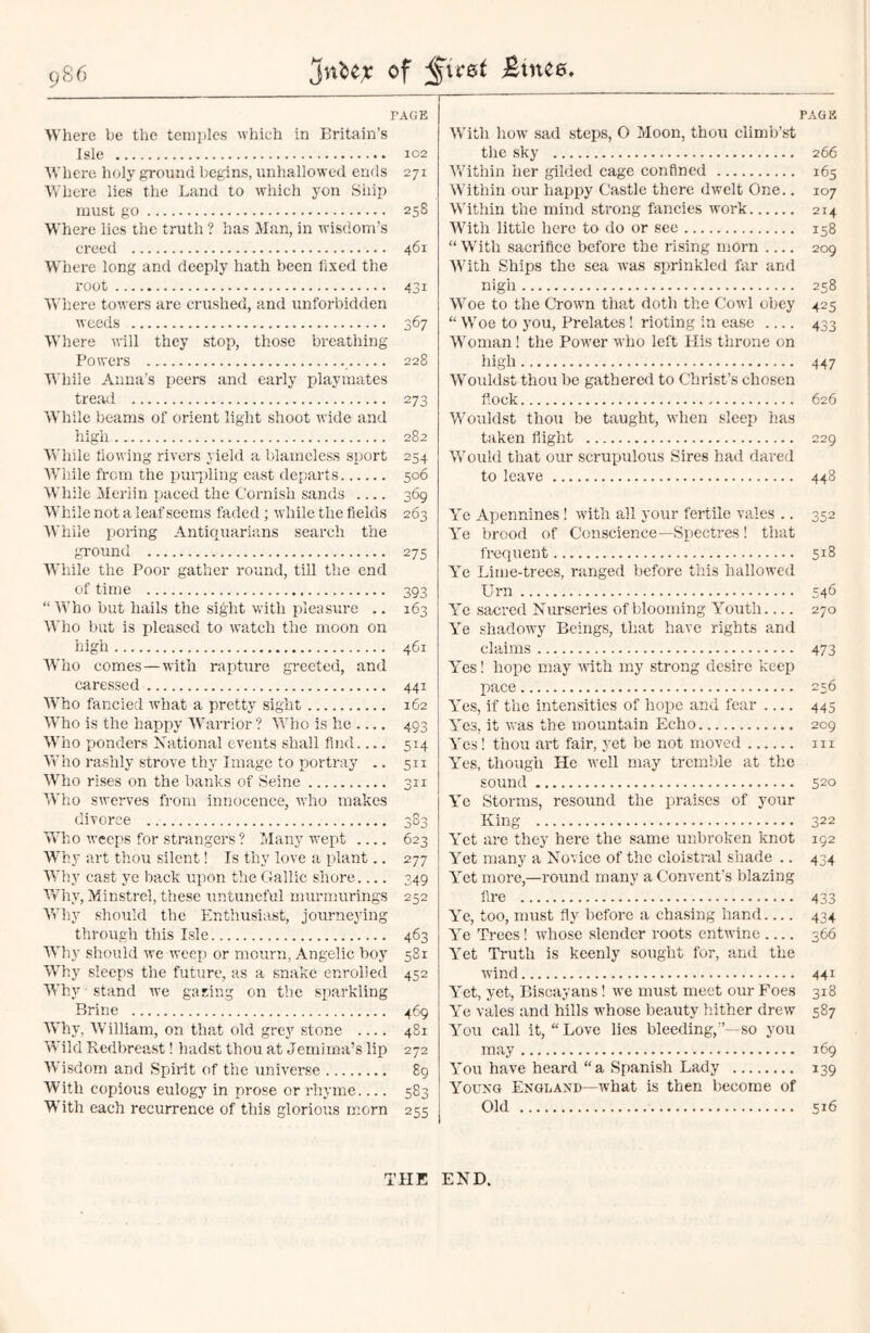of ^uet PAGE Where be the temples which in Britain’s Isle 102 Where holy ground begins, unhallowed ends 271 Where lies the Land to which yon Ship must go 258 Where lies the truth ? has Man, in wisdom’s creed 461 Where long and deeply hath been lixed the root 431 Where towers are crushed, and unforbidden weeds 367 WThere will they stop, those breathing Powers 228 While Anna’s peers and early playmates tread 273 While beams of orient light shoot wide and high 282 While flowing rivers yield a blameless sport 254 While from the purpling east departs 506 While Merlin paced the Cornish sands 369 While not a leaf seems faded ; while the fields 263 While poring Antiquarians search the ground 275 While the Poor gather round, till the end of time 393 “Who but hails the sight with pleasure .. 163 Who but is pleased to watch the moon on high 461 WTho comes—with rapture greeted, and caressed 441 Who fancied what a pretty sight 162 Who is the happy Warrior ? Who is he 493 Who ponders National events shall find 514 Who rashly strove thy Image to portray .. 511 Who rises on the banks of Seine 311 Who swerves from innocence, who makes divorce 383 Who weeps for strangers ? Many wept 623 Why art thou silent! Is thy love a plant.. 277 Why cast ye back upon the Gallic shore 349 Why, Minstrel, these untuneful murmurings 252 Why should the Enthusiast, journeying through this Isle 463 Why should we weep or mourn, Angelic boy 581 Why sleeps the future, as a snake enrolled 452 Why • stand we gazing on the sparkling Brine 469 Why, William, on that old grey stone 481 Wild Redbreast! hadst thou at Jemima’s lip 272 Wisdom and Spirit of the universe 89 With copious eulogy in prose or rhyme.... 583 With each recurrence of this glorious morn 255 PAGE With how sad steps, O Moon, thou climb’st the sky 266 Within her gilded cage confined 165 Within our happy Castle there dwelt One.. 107 Within the mind strong fancies work 214 With little here to do or see 158 “With sacrifice before the rising morn 209 With Ships the sea was sprinkled far and nigh 258 Woe to the Crown that doth the Cowl obey 425 “ Woe to you, Prelates! rioting in ease 433 Woman! the Power who left Plis throne on high 447 Wouldst thou be gathered to Christ’s chosen flock 626 Wouldst thou be taught, when sleep has taken flight 229 Would that our scrupulous Sires had dared to leave 448 Ye Apennines! with all your fertile vales .. 352 Ye brood of Conscience—Spectres! that frequent 518 Ye Lime-trees, ranged before this hallowed Urn 546 Ye sacred Nurseries of blooming Youth 270 Ye shadowy Beings, that have rights and claims 473 Yes! hope may with my strong desire keep pace 236 Yes, if the intensities of hope and fear 445 Yes, it was the mountain Echo 209 Yes! thou art fair, yet be not moved m Yes, though He well may tremble at the sound 520 Ye Storms, resound the praises of your King 322 Yet are they here the same unbroken knot 192 Yet many a Novice of the cloistral shade .. 434 Yet more,—round many a Convent’s blazing fire 433 Ye, too, must fly before a chasing hand 434 Ye Trees! whose slender roots entwine 366 Yet Truth is keenly sought for, and the wind 441 Yet, yet, Biscayans! we must meet our Foes 318 Ye vales and hills whose beauty hither drew 587 You call it, “Love lies bleeding,”—so you may 169 You have heard “a Spanish Lady 139 Young England—what is then become of Old 516 THE END.
