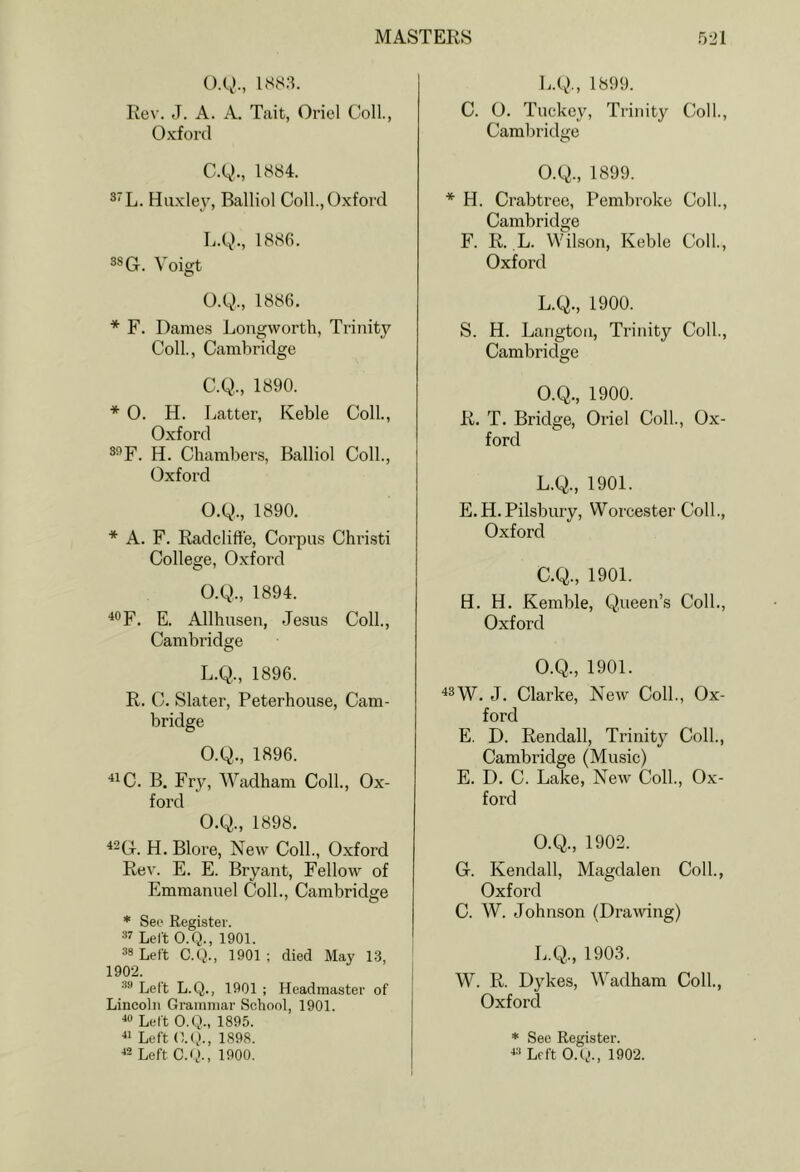 o.g., I.SS3. Rev. J. A. A. Tait, Oriel Coll., O.vford C.g., 1884. ®’L. Hii.vley, Balliol Coll., Oxford L.g., 1886. 38 G. Voigt O.g., 1886. * F. Dames Longworth, Trinity Coll, Cambridge C.g., 1890. * 0. H. Latter, Keble Coll, Oxford 8®F. H. Chambers, Balliol Coll, Oxford O.g., 1890, * A. F. Radcliffe, Corpus Christi College, Oxford O.g., 1894. ^®F, E. Allhuseu, Jesus Coll, Cambridge L.g., 1896. R. C. Slater, Peterhouse, Cam- bridge O.g., 1896. •*^C. B. Fry, Wadham Coll, Ox- ford O.g., 1898. ^^G. H. Blore, New Coll, Oxford Rev. E. E. Bryant, Fellow of Emmanuel Coll., Cambridge * Set- Register. Left O.Q., 1901. 38 Left C.Q., 1901; died May 13, 1902. 38 Left L.Q., 1901 ; Headmaster of Lincoln Grammar School, 1901. ■‘8 Left O.Q., 1895. Left (!.<,)., 1898. ■*3 Loft C.L)., 1900. L.g., 1899. C. O. Tuckoy, Trinity Coll, Cambridge O.g., 1899. * H. Crabtree, Pembroke Coll, Cambridge F. R. L. Wilson, Keble Coll, Oxford L.Q., 1900. S. H. Langtoii, Trinity Coll, Cambridge O.Q., 1900. R. T. Bridge, Oriel Coll, Ox- ford L.g., 1901. E.H.Pilsbury, Worcester Coll., Oxford C.Q., 1901. H. H. Kemble, Queen’s Coll., Oxford O.Q., 1901. ^8W. J. Clarke, New Coll, Ox- ford E. D. Rendall, Trinity Coll, Cambridge (Music) E. D. C. Lake, New Coll, Ox- ford O.g., 1902. G. Kendall, Magdalen Coll, Oxford C. W. Johnson (Dratving) L.Q., 1903. W. R. Dykes, Wadham Coll, Oxford * See Register. ■‘3 Left O.tj., 1902.
