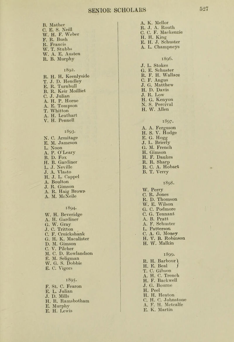 li. Mat tier C. E. S. Neill W. H. F. \Veber F. R. Busli R. Francis W. T. Stubbs W. A. E. Austen R. B. Murphy 1892. R. H. H. Keenlysitle T. J. D. Hendley E. R. Turnbull B. R. Keir Moilliet C. J. Julian A. H. P. Horne A. E. Tompson T. Whitton A. H. Leathart V. H. Pennell 1S93. N. C. Armitage E. M. Jameson L. Noon A. P. O’Learv B. D. Fox H. B. Gardiner L. J. Ne^ ille J. A. Vlasto H. J. L. Cappel A. Boulton J. R. Gimson A. R. Haig Brown A. M. McNeile 1894. W. H. Beveridge A. H. Gardiner G. W. Gray J. C. Tritton C. F. Cruickshank G. H. K. Macalister D. M. Gimson C. V. Pilcher M. C. D. Rowlandsori E. M. Seligman \V. G. S. Dobbie E. C. Vigors 1895. F. St. C. Fearon E. L. Julian J. D. Mills H. R. Ramsbotham E. Murphy E. H. T.ewis A. Iv. Mellor R. J. A. Routh C. C. F. Mackenzie H. H. King E. H. J. Schuster A. L. Champneys 1896. J. L. Stokes G. E. Schuster R. F. H. Wallace C. F. Angus J. G. Matthew H. D. Davis J. R. liow H. G. Kenyon N. S. Percival H. W. Allen 1897. A. A. Ferguson H. S. V. Hodge E. G. Hogg J. L. Brierly G. M. French H. Gimson H. F. Daukes R. R. Sharp R. C. A. Hobart B. T. Verry 1898. W. Perry C. R. Jones R. D. Thomson W. E. Wilson G. C. Podmore C. G. Tennant A. B. Pratt A. F. Schuster L. Patterson C. A. G. Money H. V. B. Robinson H. W. Malkin 1899. R. H. Barbour) H. E. Beal J T. C. Gibson A. H. C. Trench H. F. Backwell J. G. Bourne H. Peel H. H. Heaton C. H. C. .Johnstone A. F. H. Metcalfe E. K. Martin